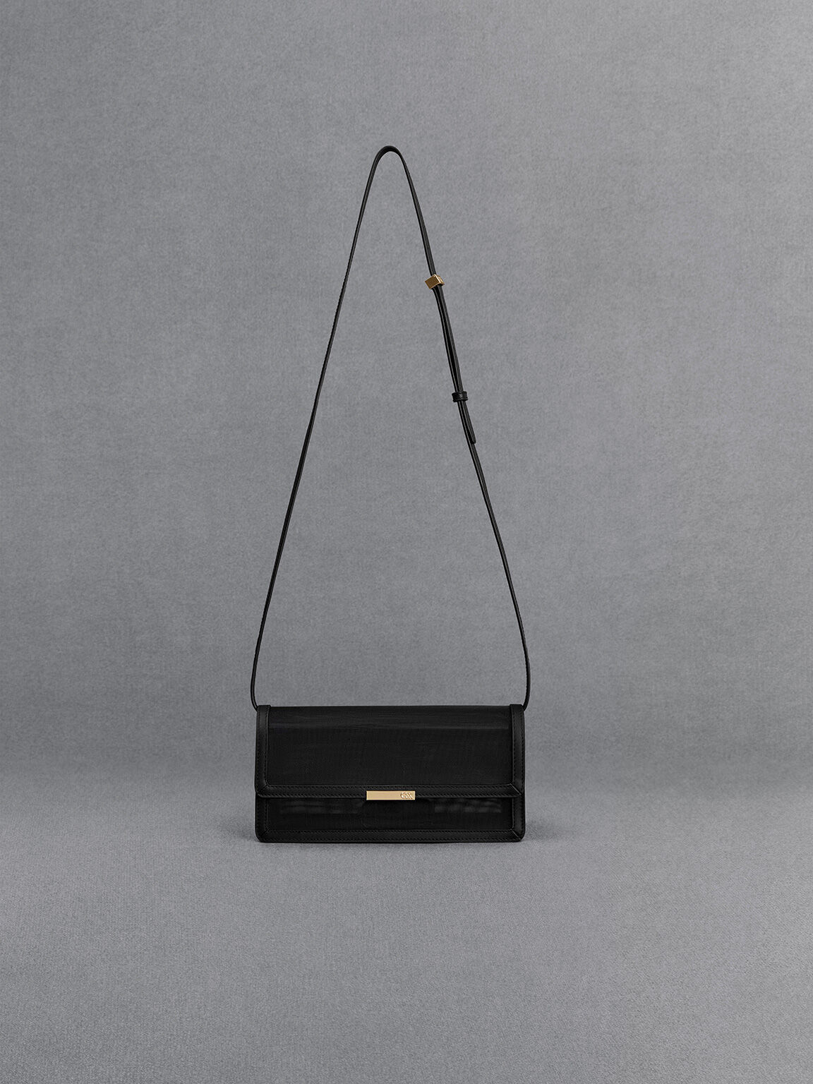 メッシュ&レザー モノグラムショルダーバッグ, ブラック, hi-res