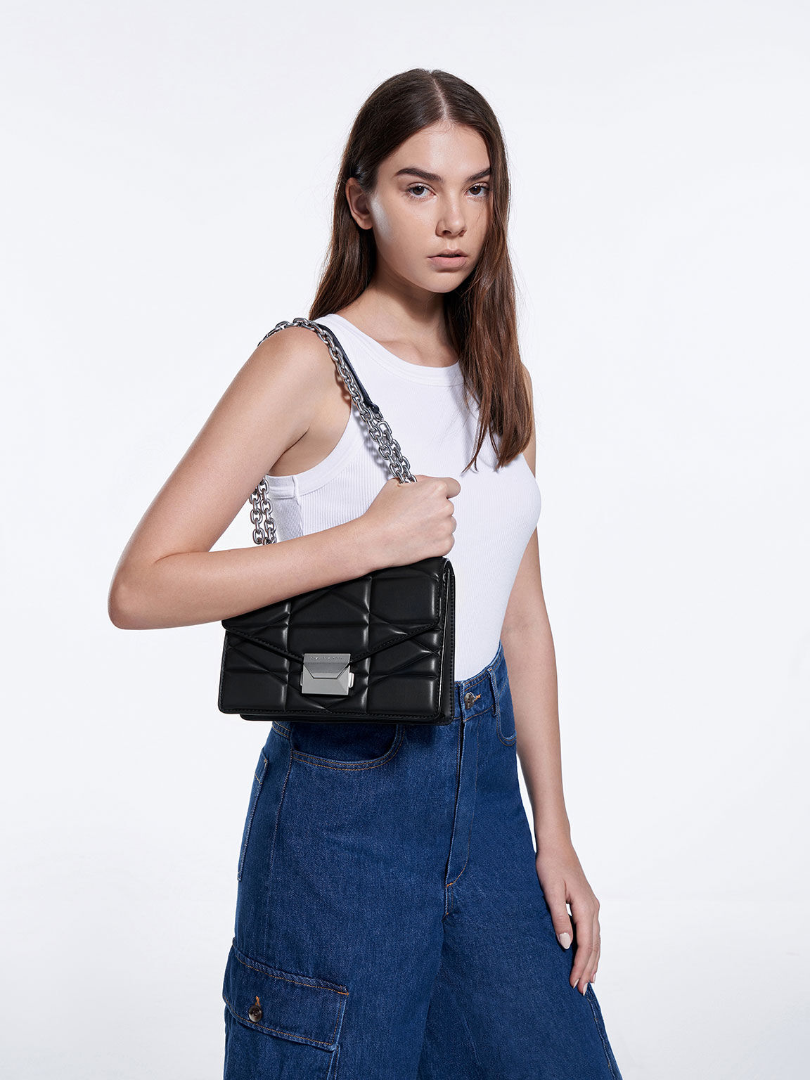 Blanche ブランチ シェブロンチェーンハンドルバッグ, ノワール, hi-res