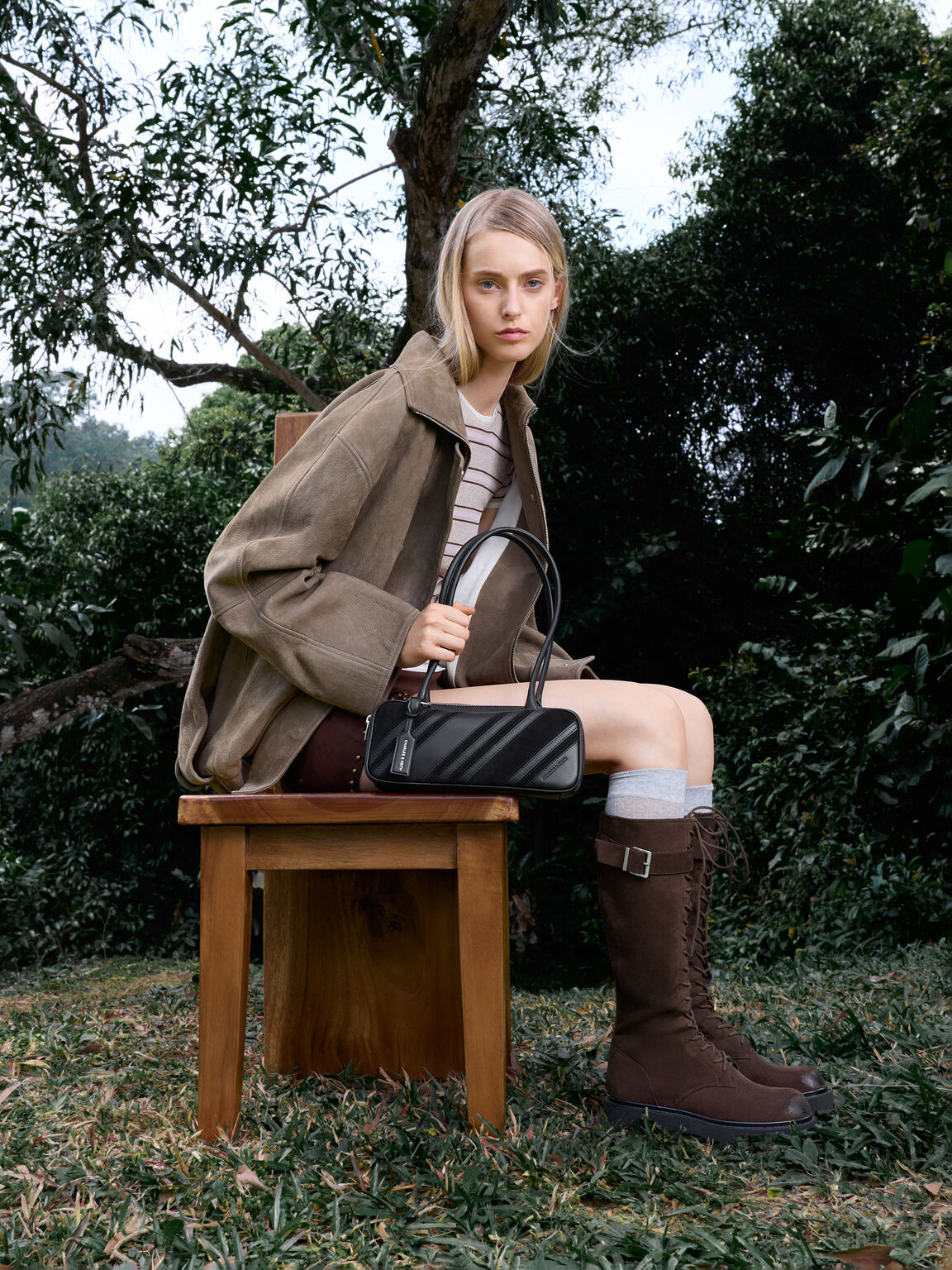 Zeya リサイクルスエード ストライプショルダーバッグ, ノワール, hi-res