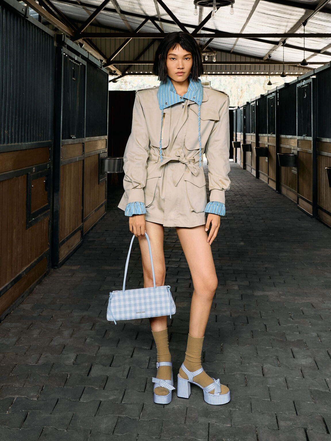 Hazel ヘーゼル ギンガムボウショルダーバッグ, ギンガムブルー, hi-res