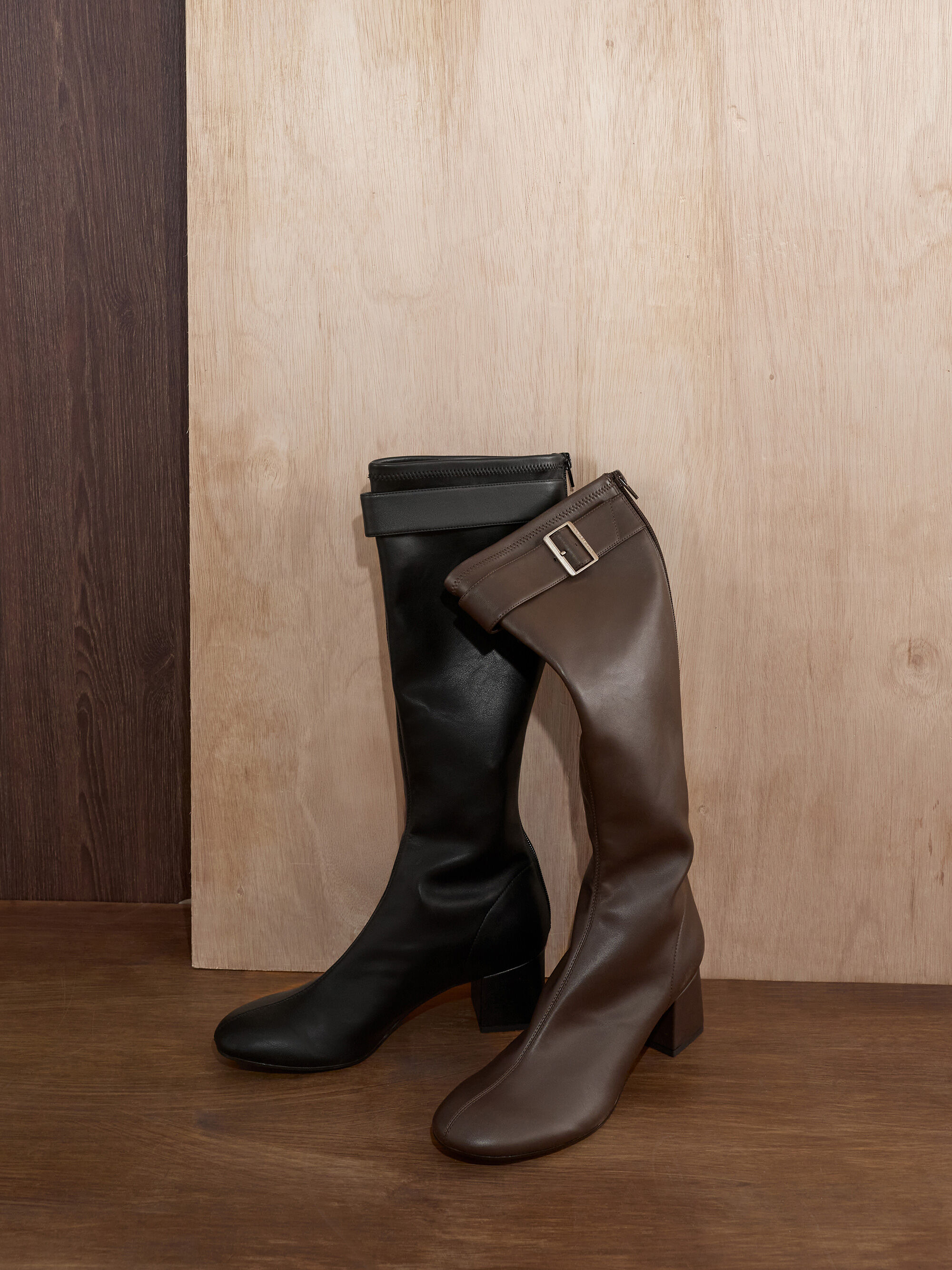 Gerry ゲリー バックルブロックヒールロングブーツ - ダークブラウン