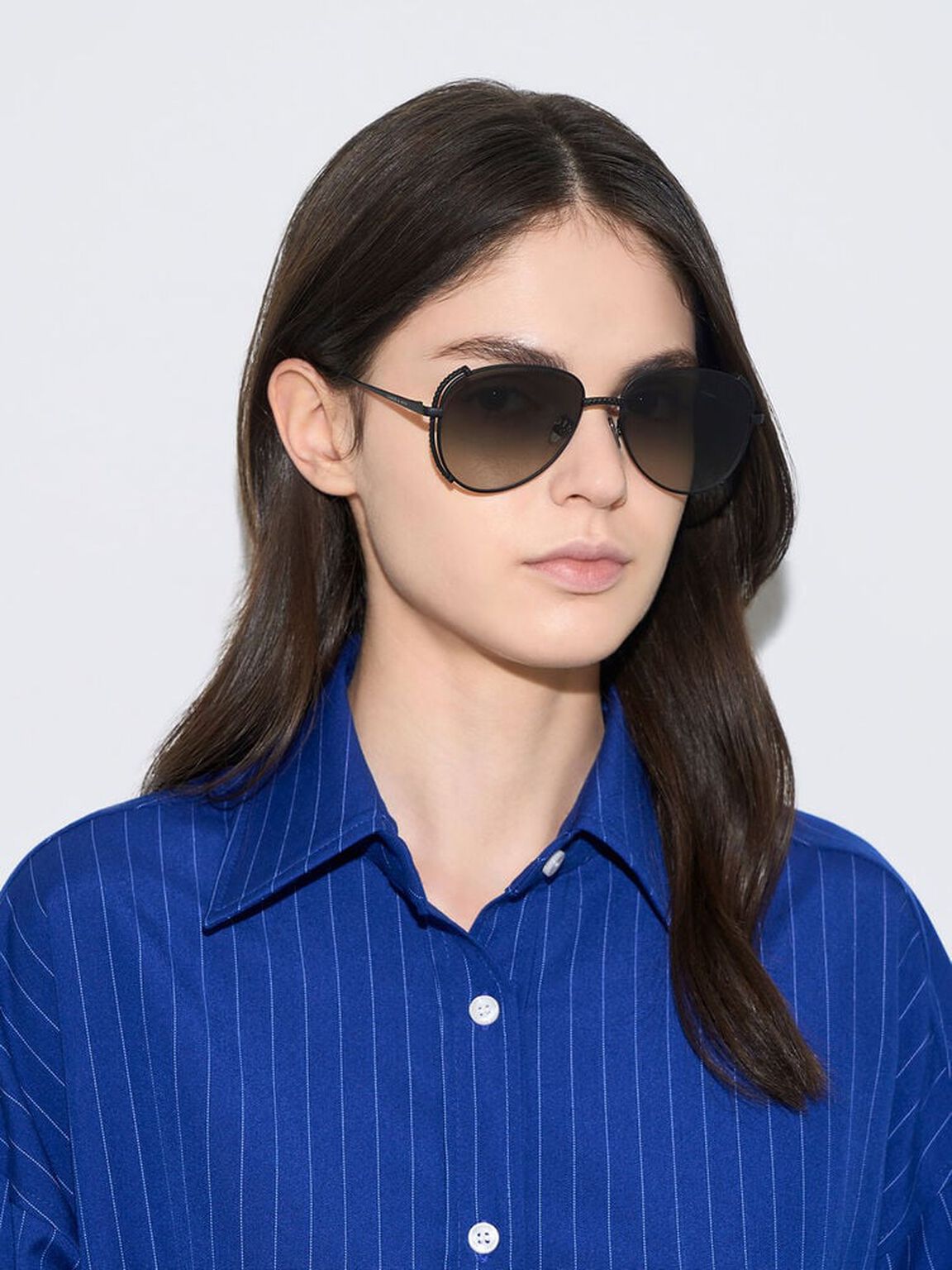 ジェムエンベリッシュド ワイヤーフレームアビエーターサングラス, ブラック, hi-res