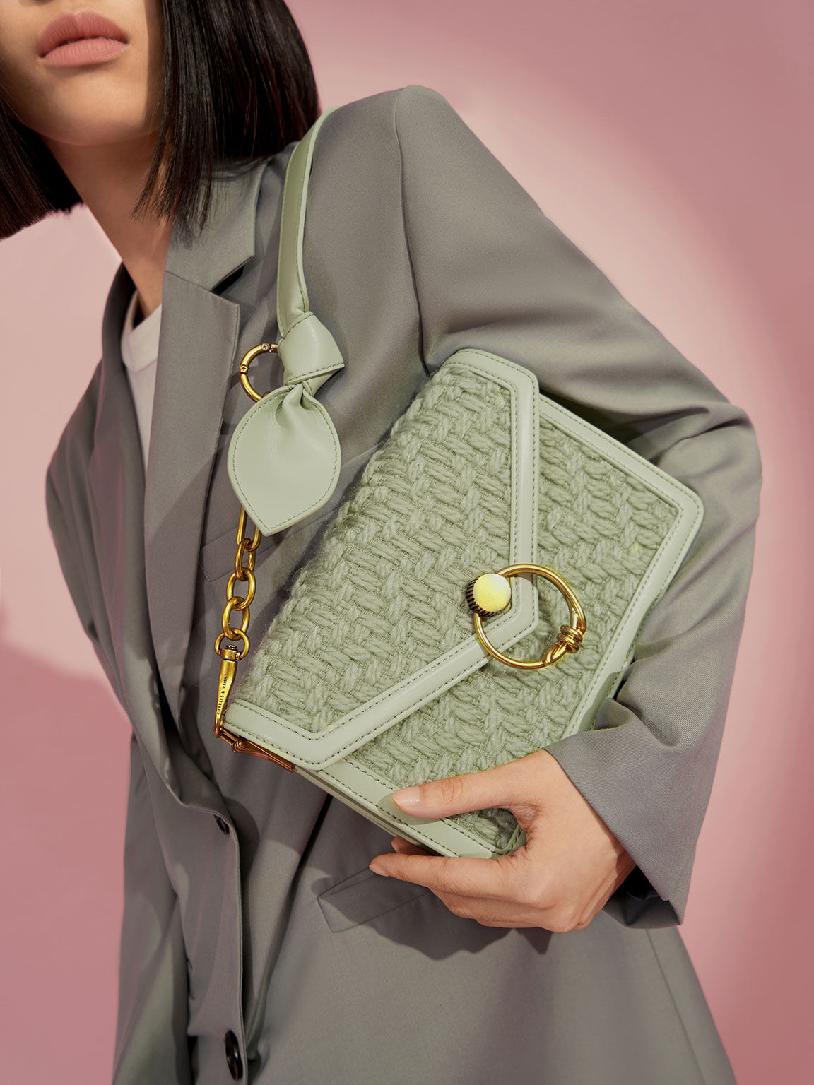 リングプッシュロック エンベロープショルダーバッグ, ミントグリーン, hi-res