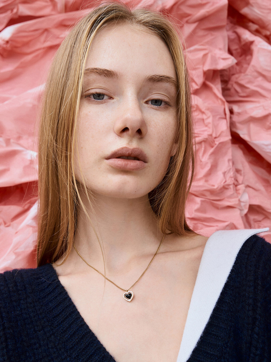 Annalise アナリーゼ クリスタルハートストーンネックレス, ブラック, hi-res