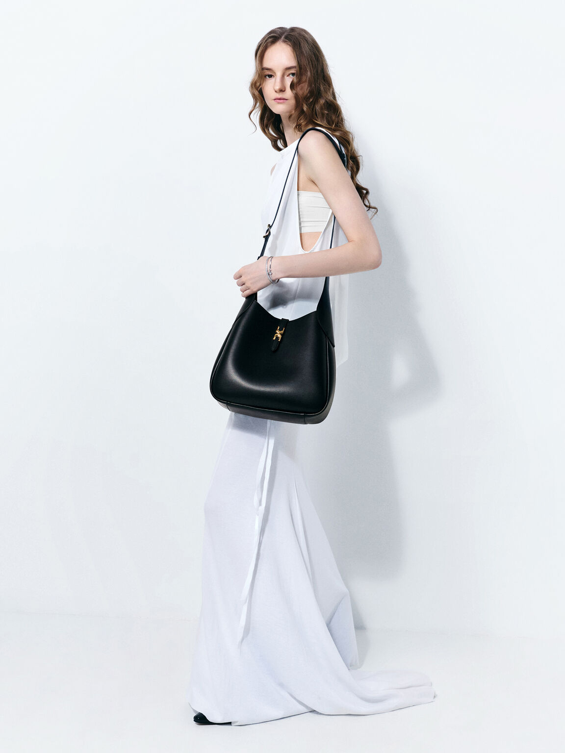 Adalyn アダリン メタリックバックル ベルトホーボーバッグ, ブラック, hi-res