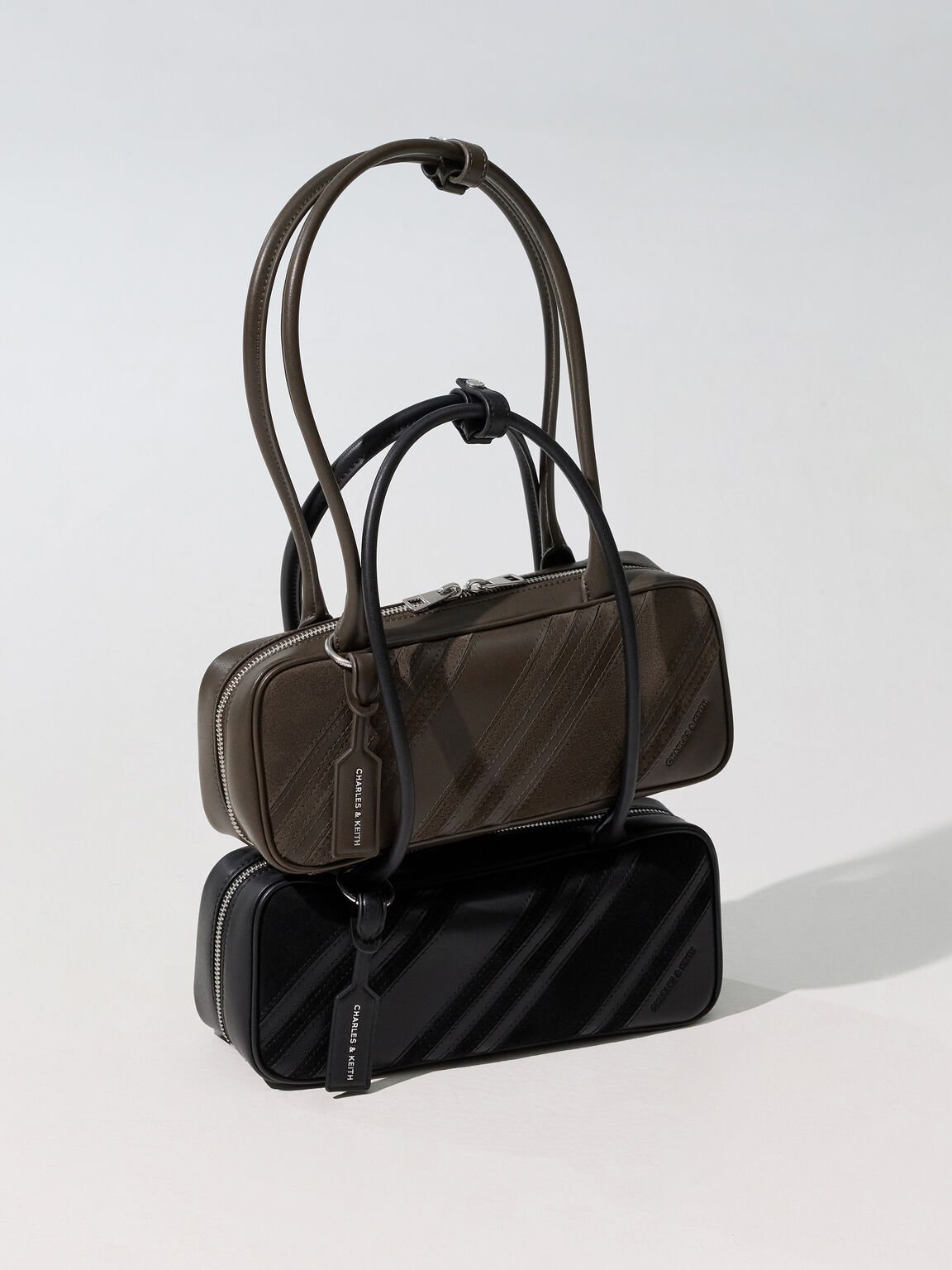 Zeya リサイクルスエード ストライプショルダーバッグ, ノワール, hi-res