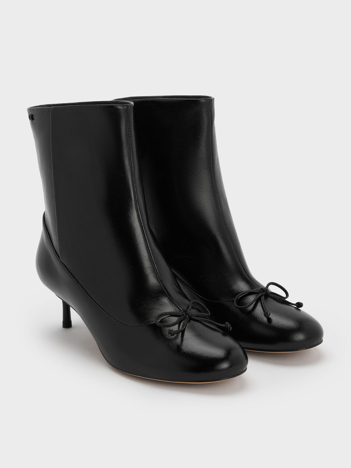 Aretha アレサ レザーボウキトゥンヒールカーフブーツ, ブラック, hi-res