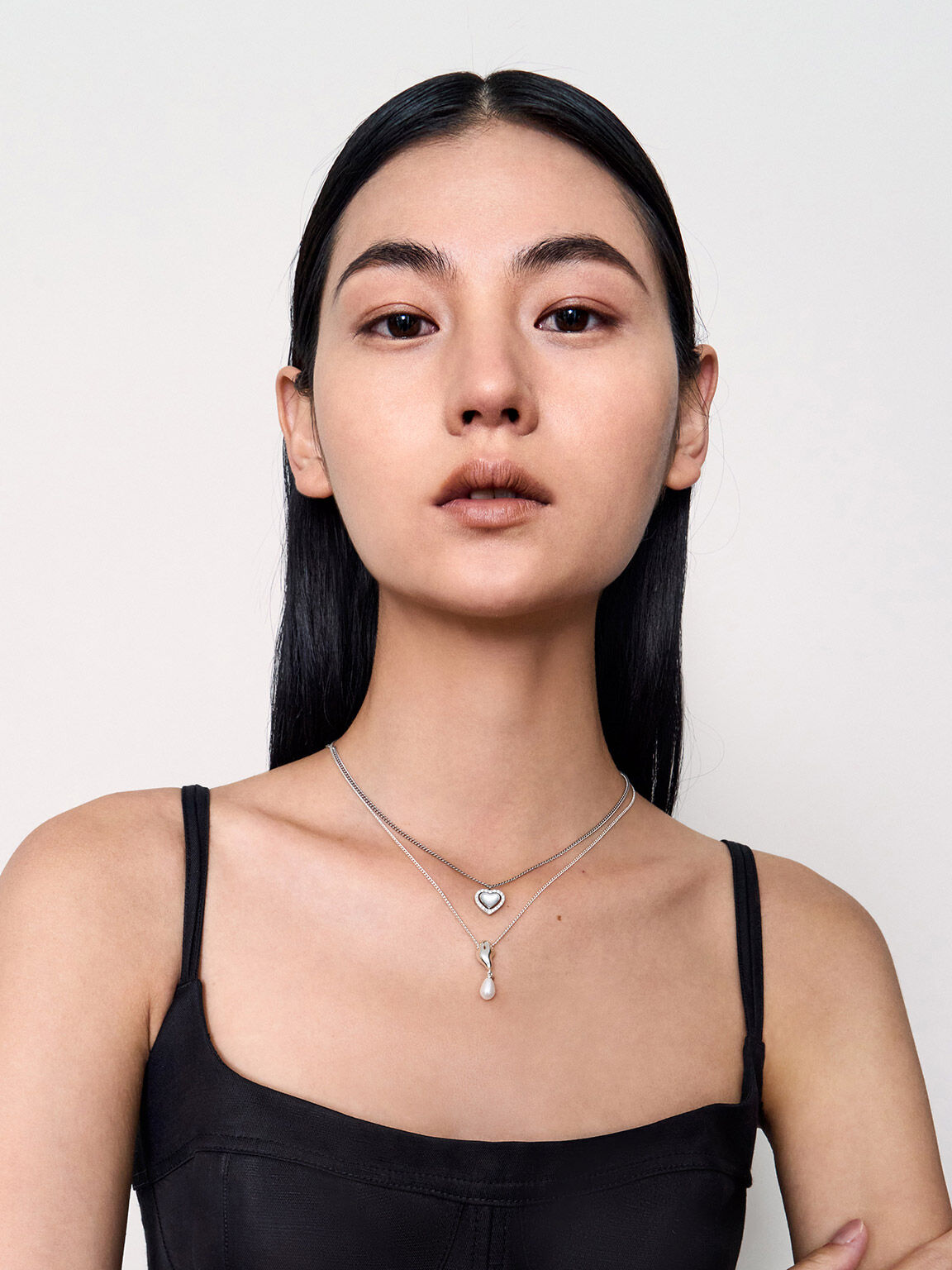 Annalise アナリーゼ クリスタルハートストーンネックレス, シルバー, hi-res