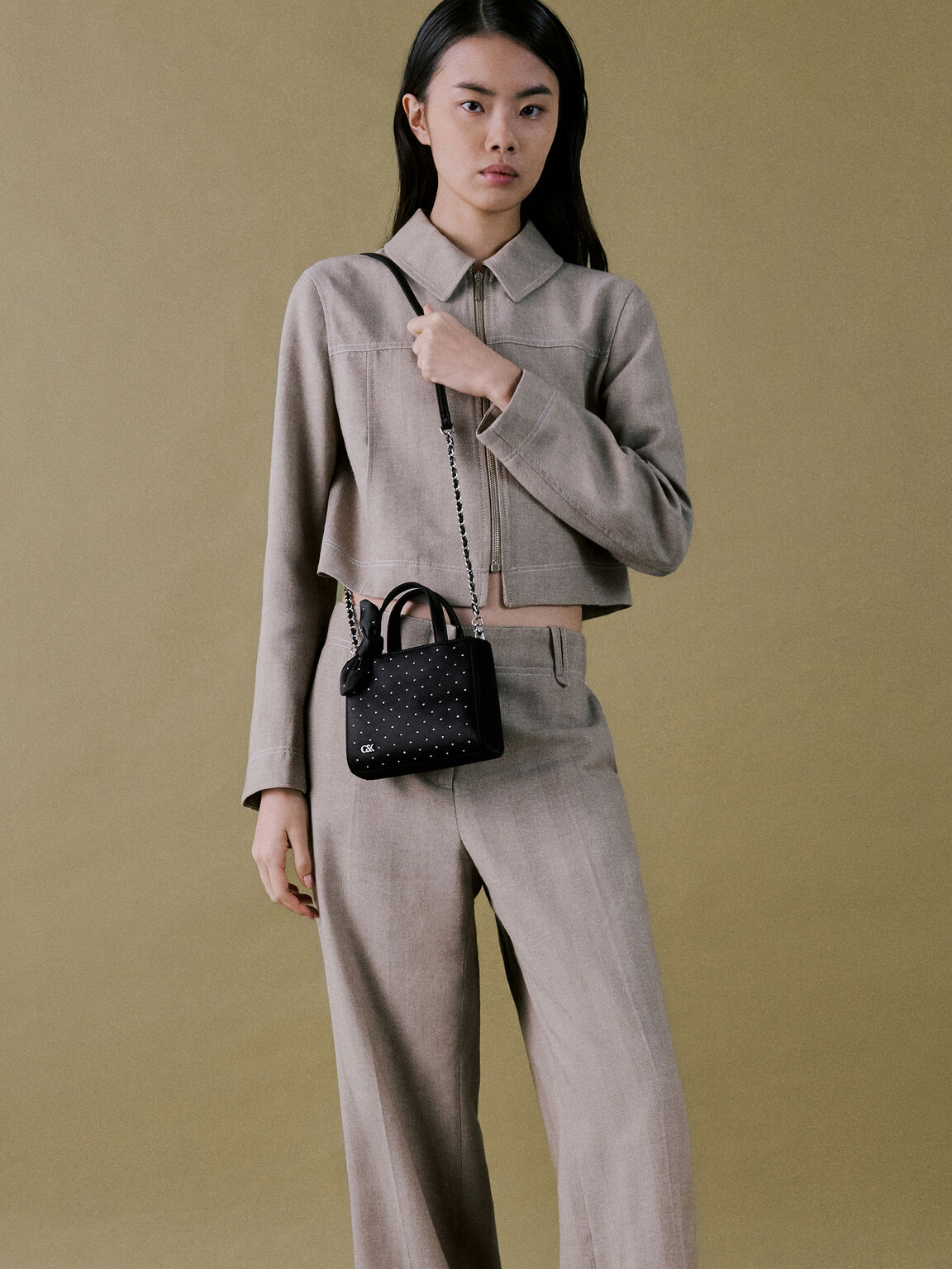 サテン スタッズノットボウミニバッグ, ノワールスタッズサテン, hi-res