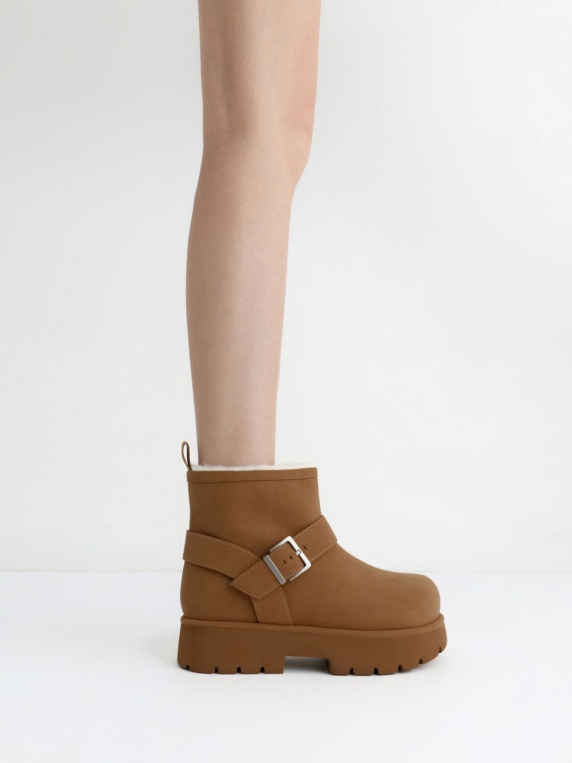 Bergen ベルゲン テクスチャーファートリムリジッドソールプラットフォームアンクルブーツ, ブラウン, hi-res