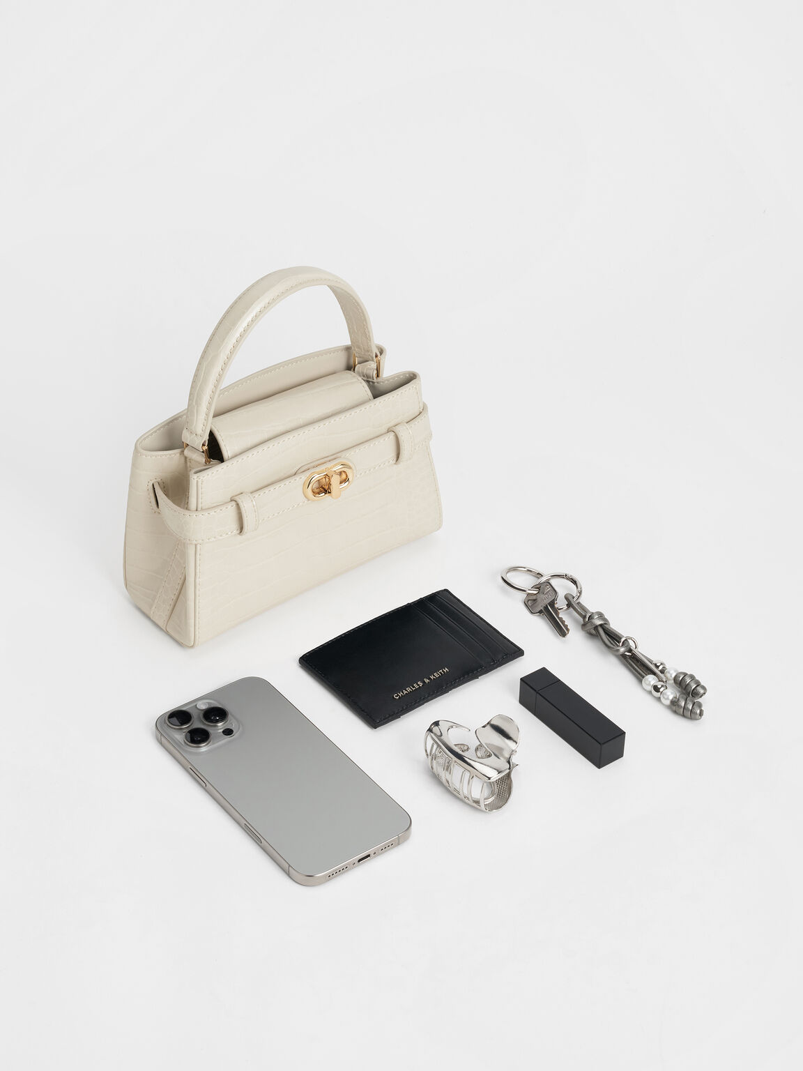 Aubrielle オブリエル クロックエフェクトトップハンドルバッグ, アイボリー, hi-res