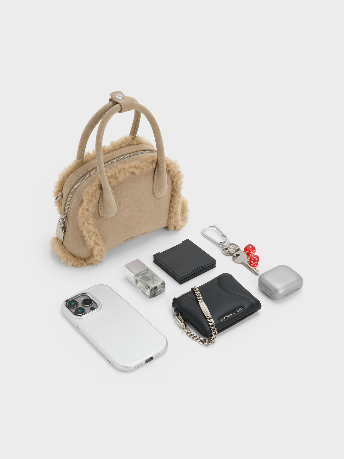 Nelly ネリ スエード&フォーシャーリングボウリングバッグ, ナツメグベージュ, hi-res