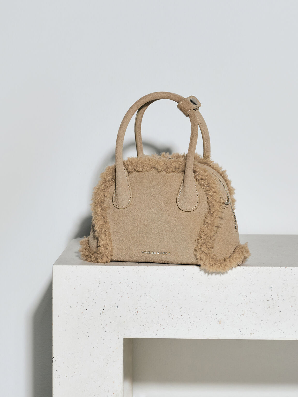 Nelly ネリ スエード&フォーシャーリングボウリングバッグ, ナツメグベージュ, hi-res