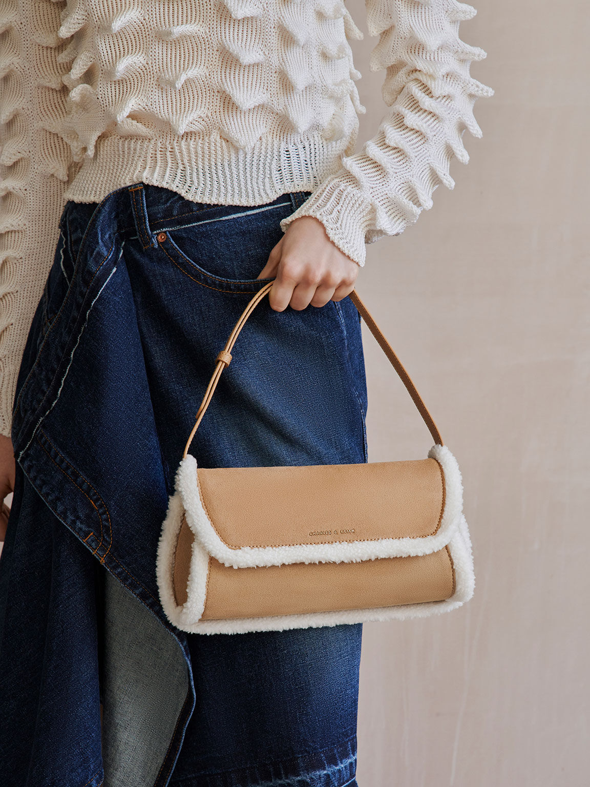 Cassiopeia カシオペア テクスチャーファートリムショルダーバッグ, キャメル, hi-res