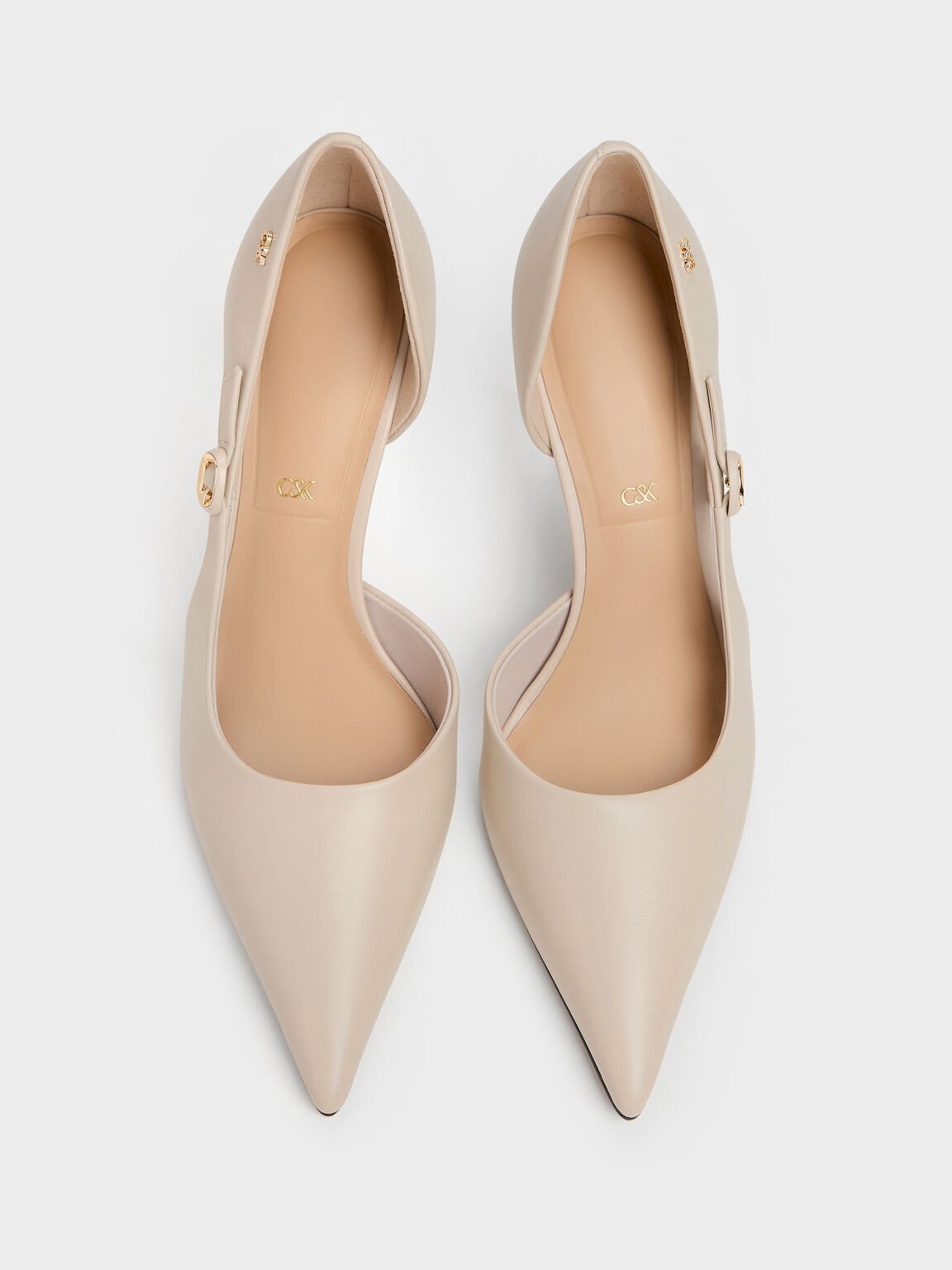 レザーバックルディテール　ポインテッドトゥスティレットパンプス, オーツ, hi-res