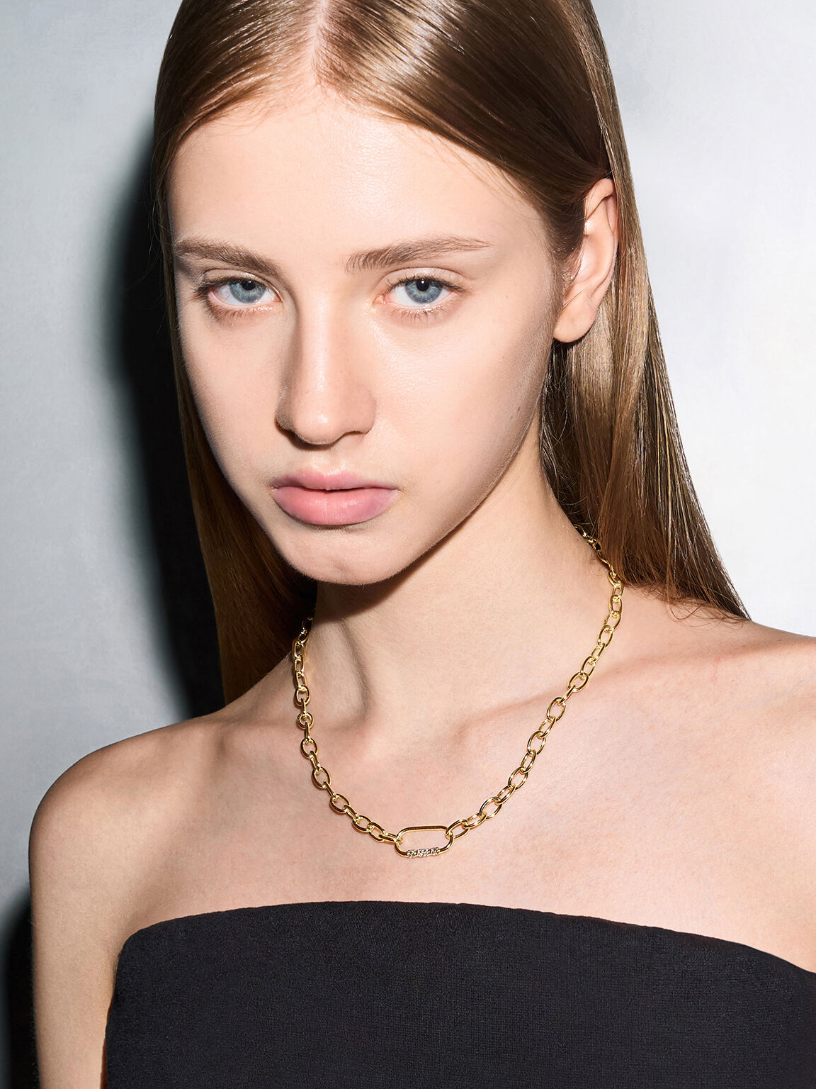 Reagan リーガン クリスタルチェーンリンクネックレス, ゴールド, hi-res