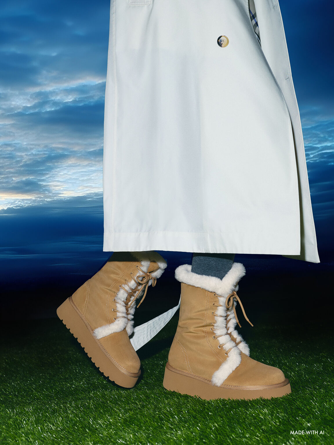 フェイクスエード&フェイクファー フォルドオーバー フラットフォームブーツ, サンド, hi-res