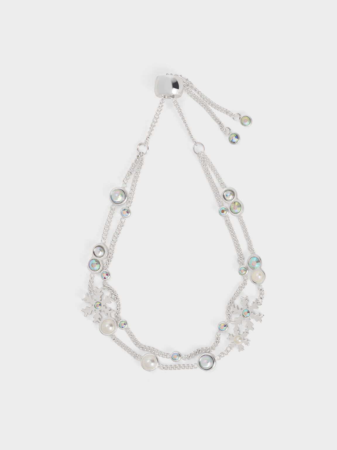 スノーフレークモチーフ パール&クリスタルダブルブレスレット, シルバー, hi-res