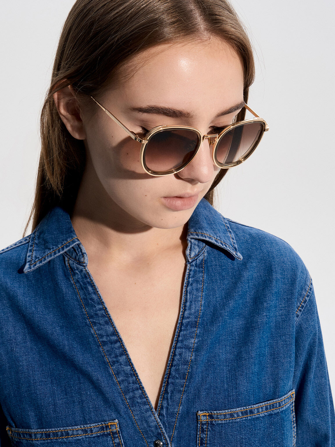 アセテート メタリックリムサングラス, カーキ, hi-res