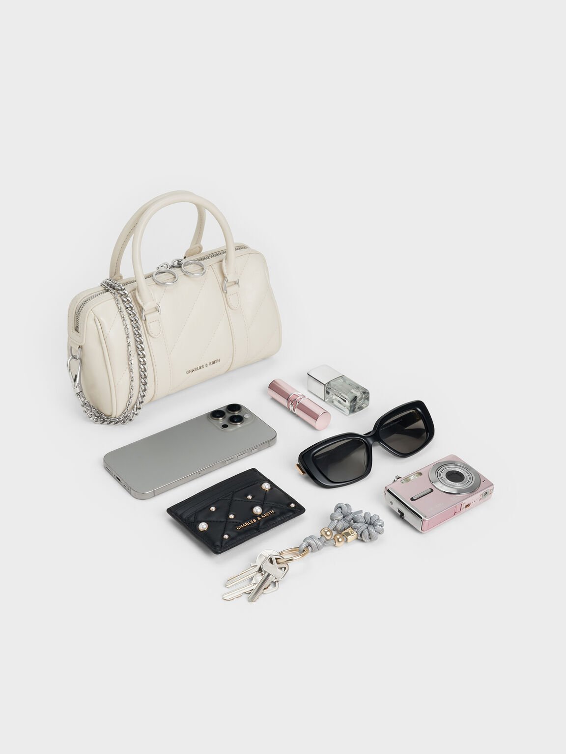 Philomena パネルチェーン ハンドルボウリングバッグ, クリーム, hi-res