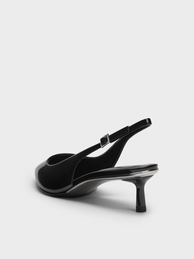 Curtis カーティス ポインテッドトゥキトゥンヒールスリングバックパンプス, ブラックパテント, hi-res