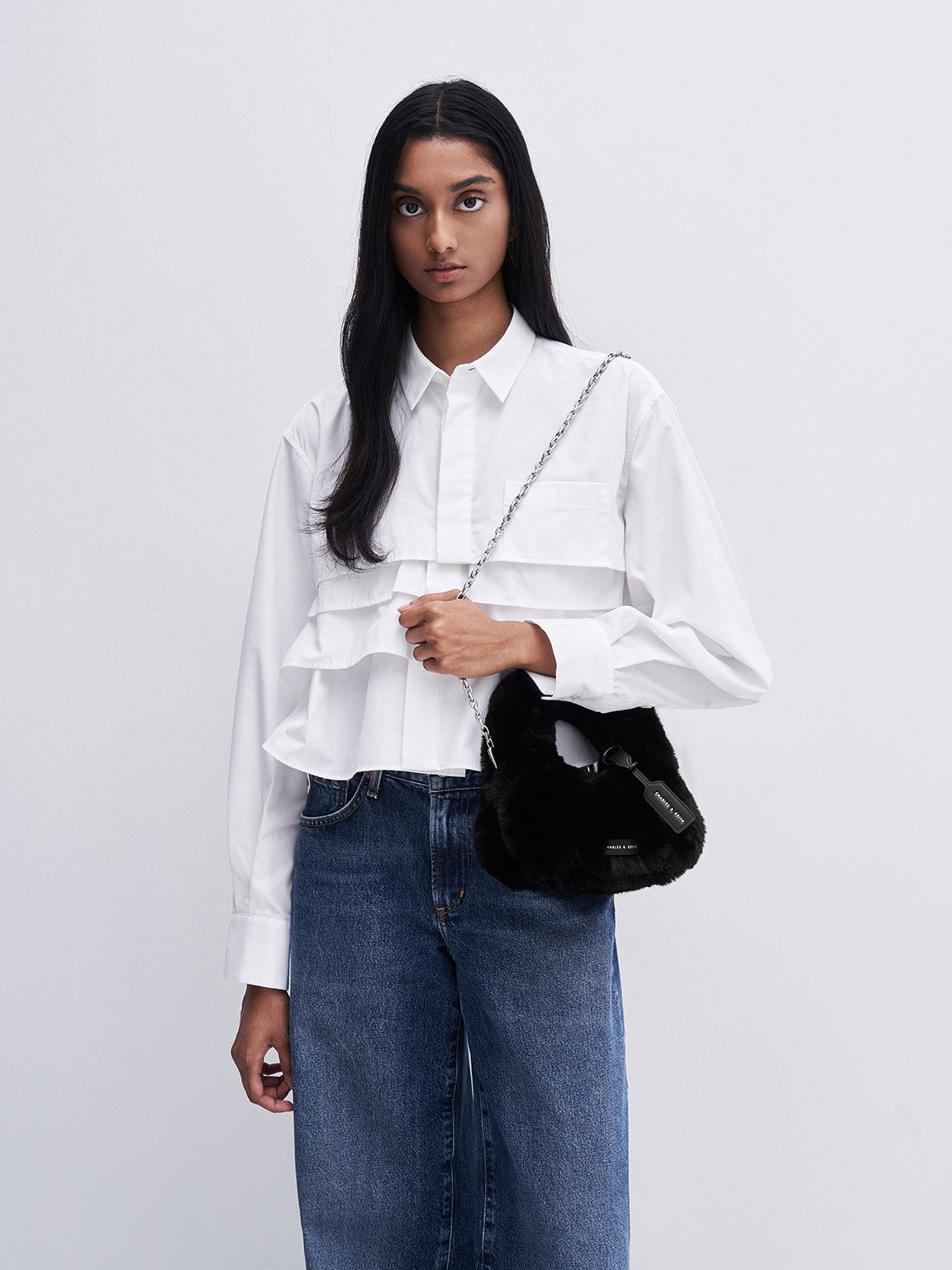 Yama ミニヤマ ファーリートップハンドルバッグ, ノワール, hi-res