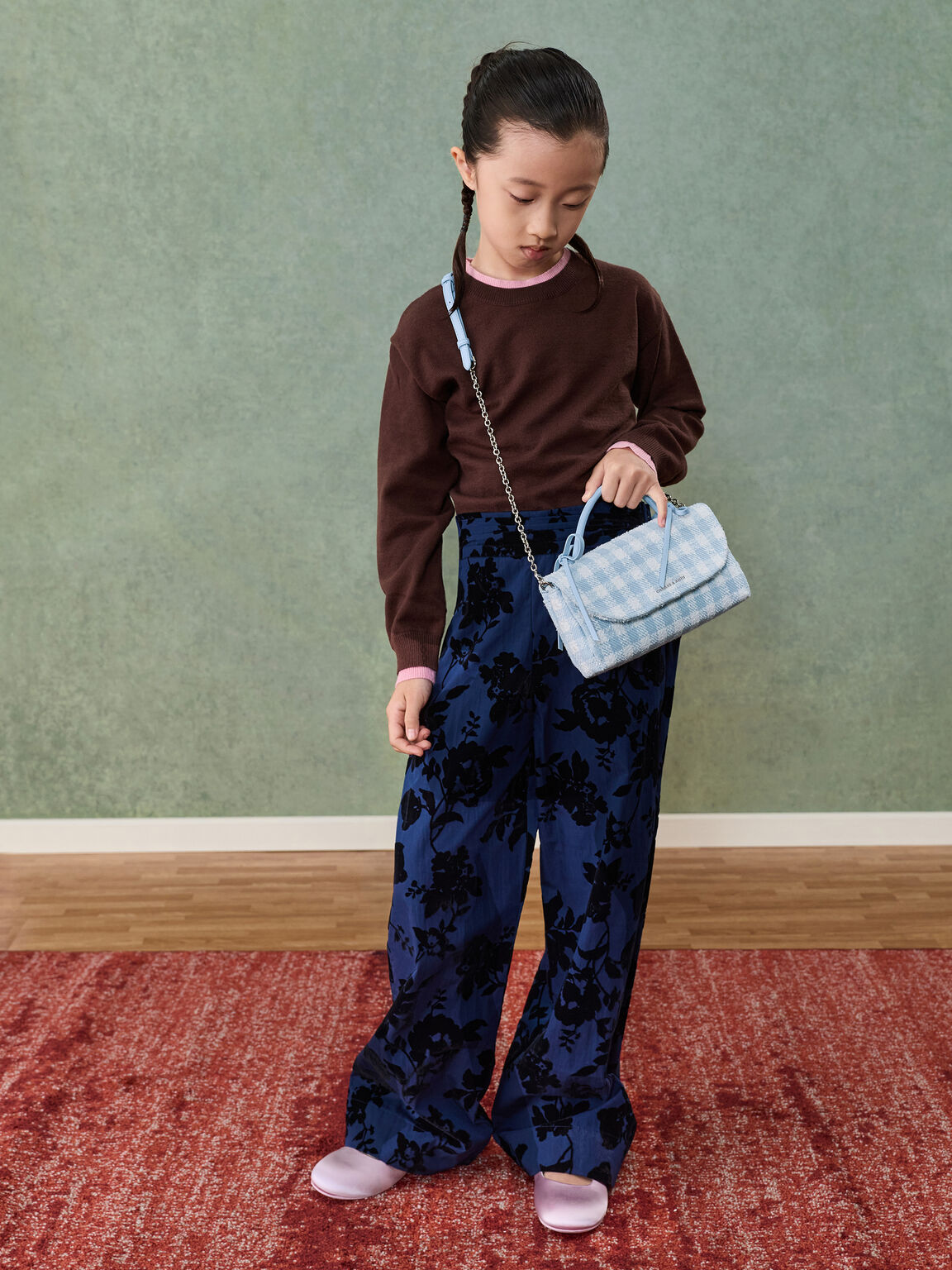 Hazel ヘーゼル ギンガムボウハンドル チェーンウォレット, ギンガムブルー, hi-res