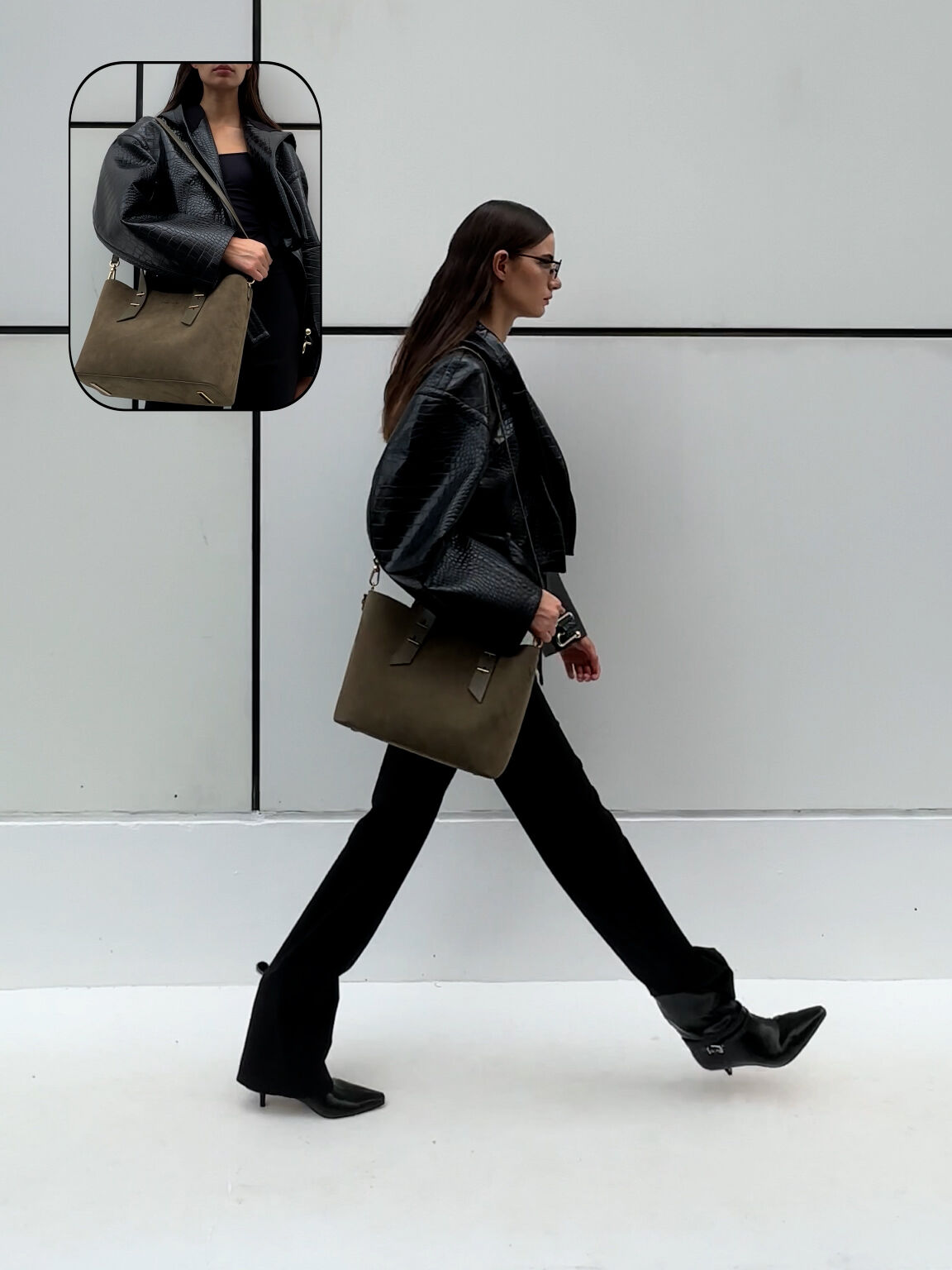 Shania シャナイア リサイクルスエード トートバッグ, ディープオリーブ, hi-res