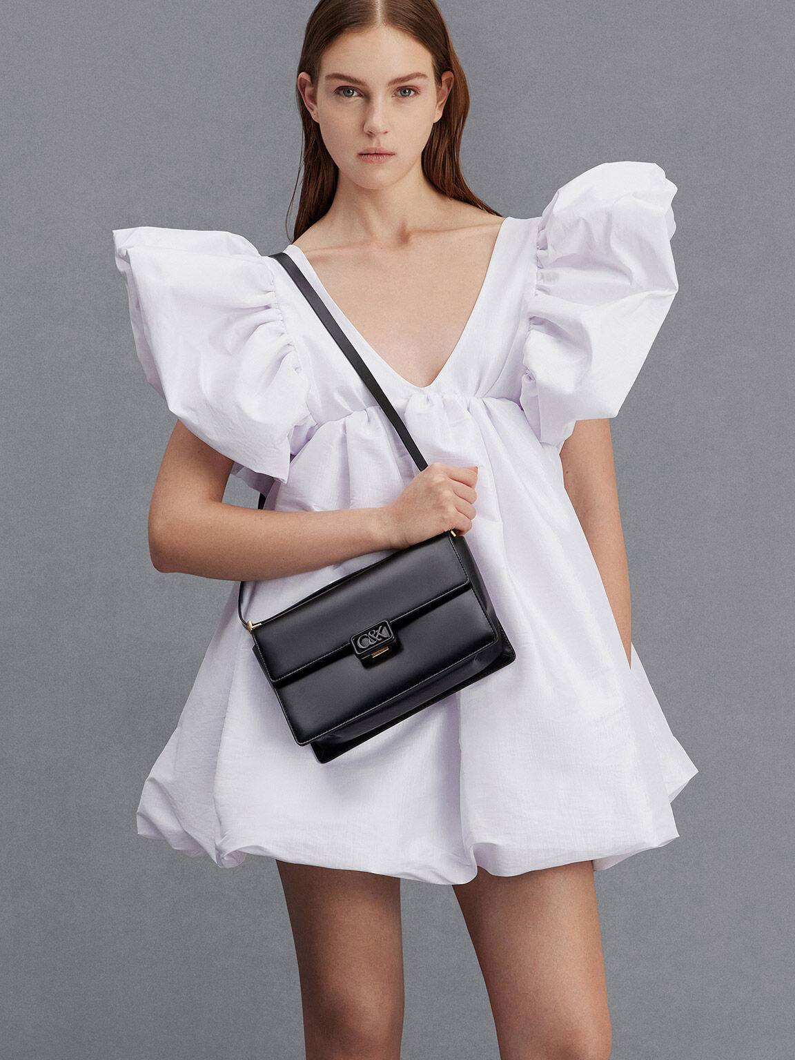 レザー ショルダーバッグ, ブラック, hi-res