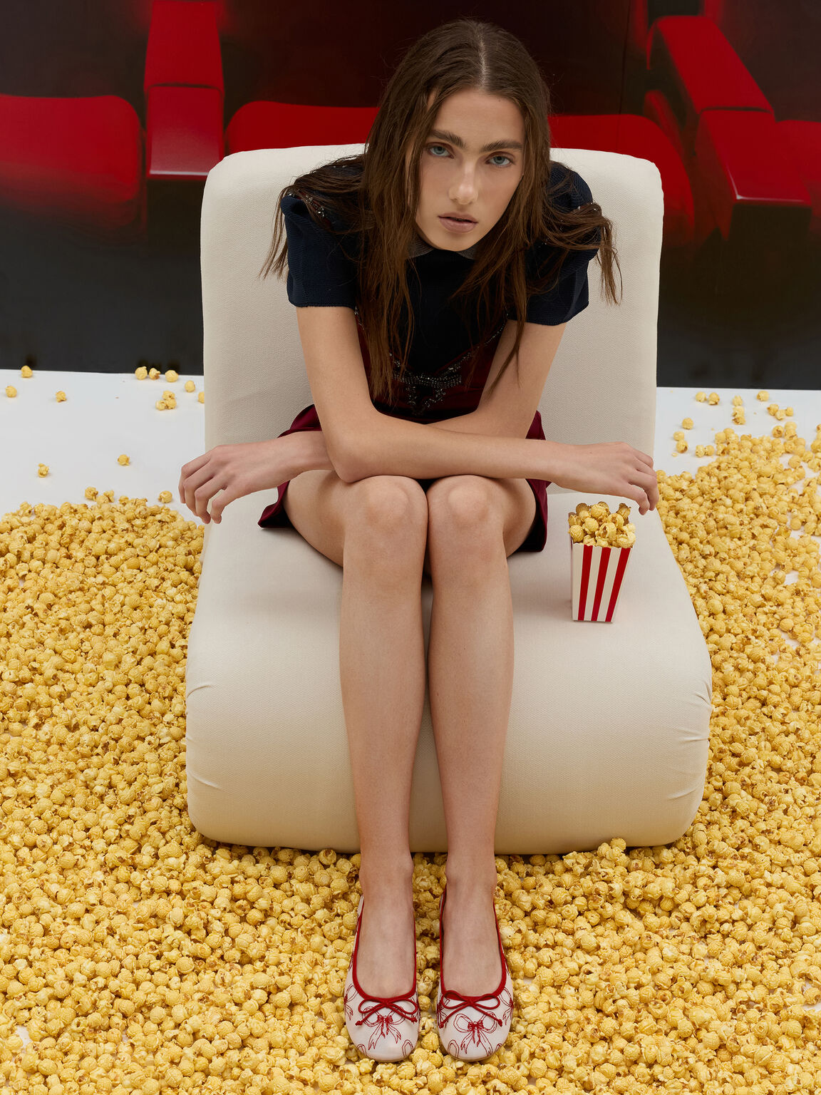 メッシュボウバレエフラット, レッド, hi-res