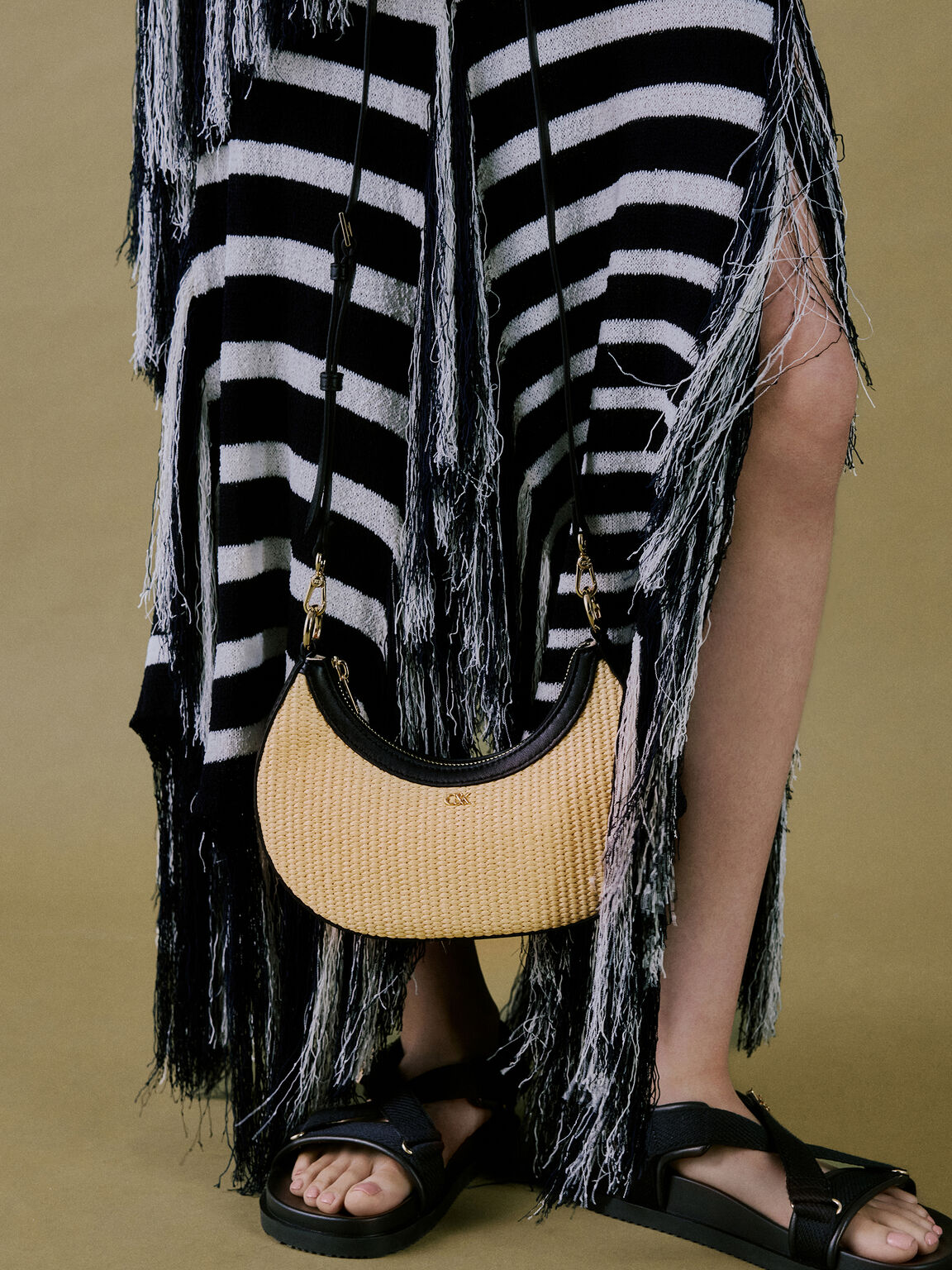 ラフィア&レザー クレセントホーボーバッグ, ニュートラルラフィア, hi-res