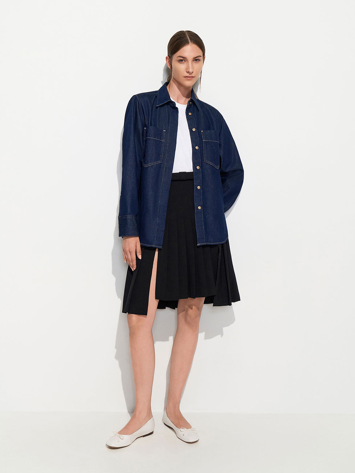 ラウンド スクエアトゥボウバレリーナ, ホワイト, hi-res