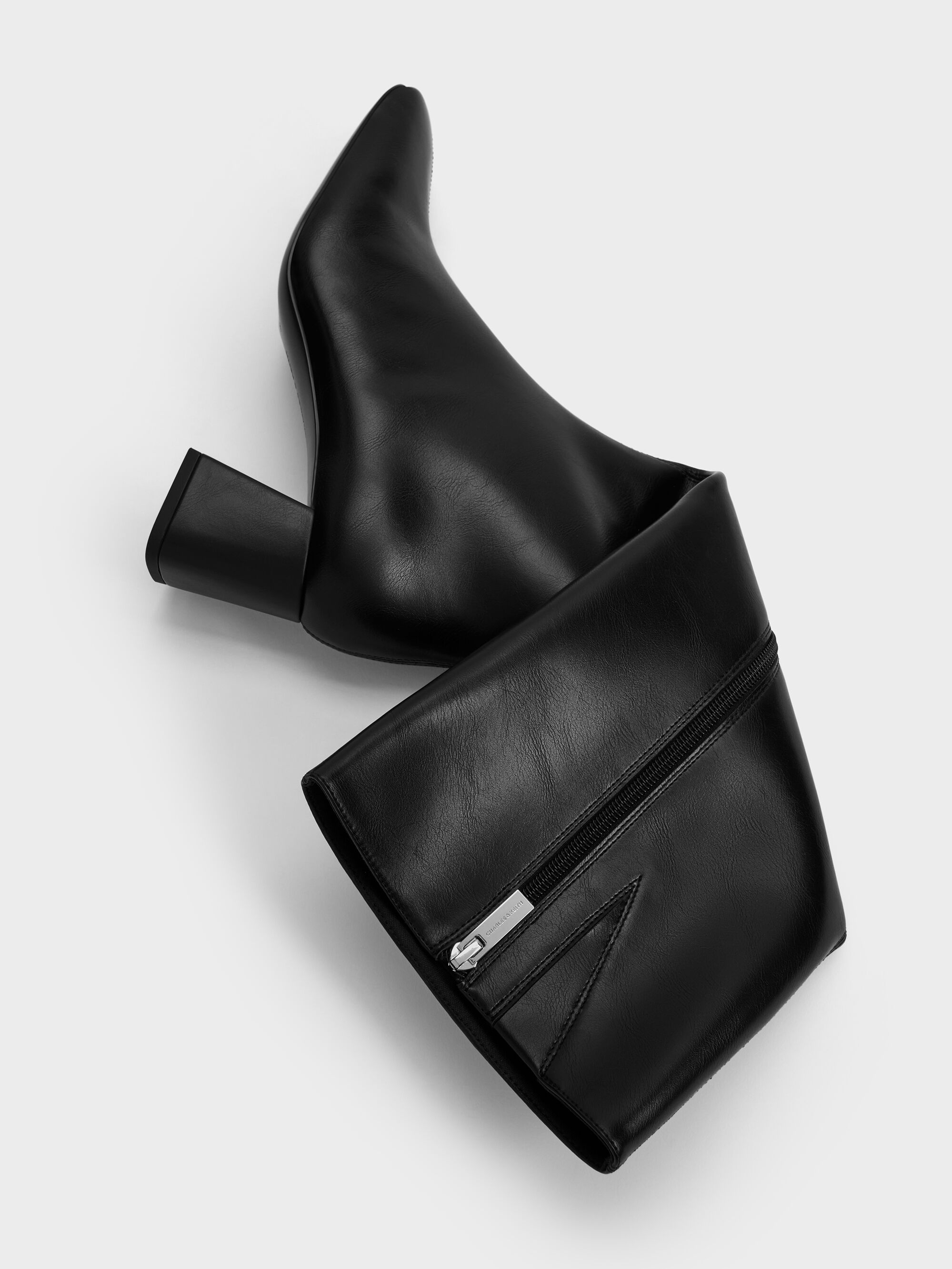 スクエアトゥ サイドジップニーハイブーツ - ブラック | CHARLES