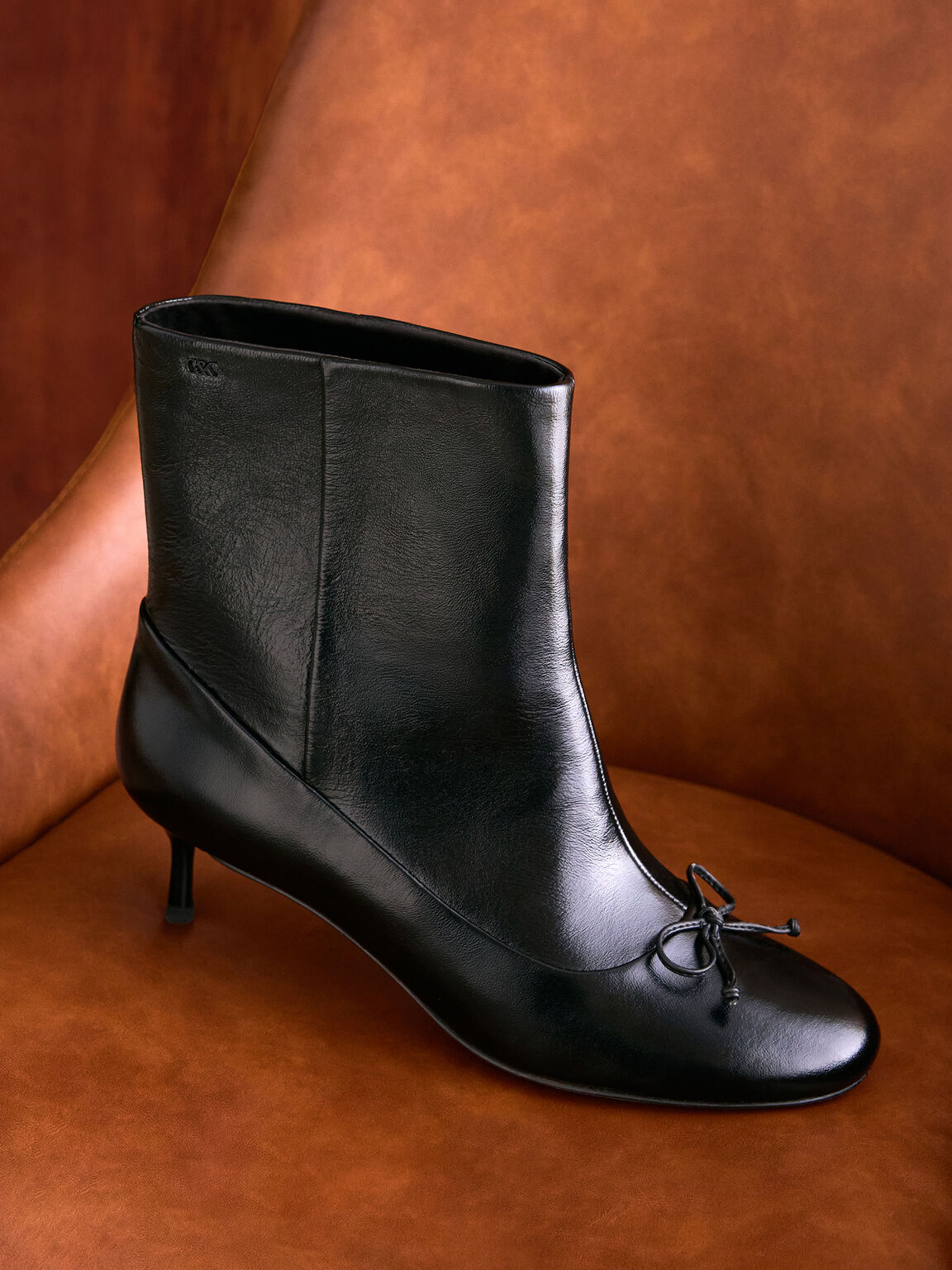 Aretha アレサ レザーボウキトゥンヒールカーフブーツ, ブラック, hi-res