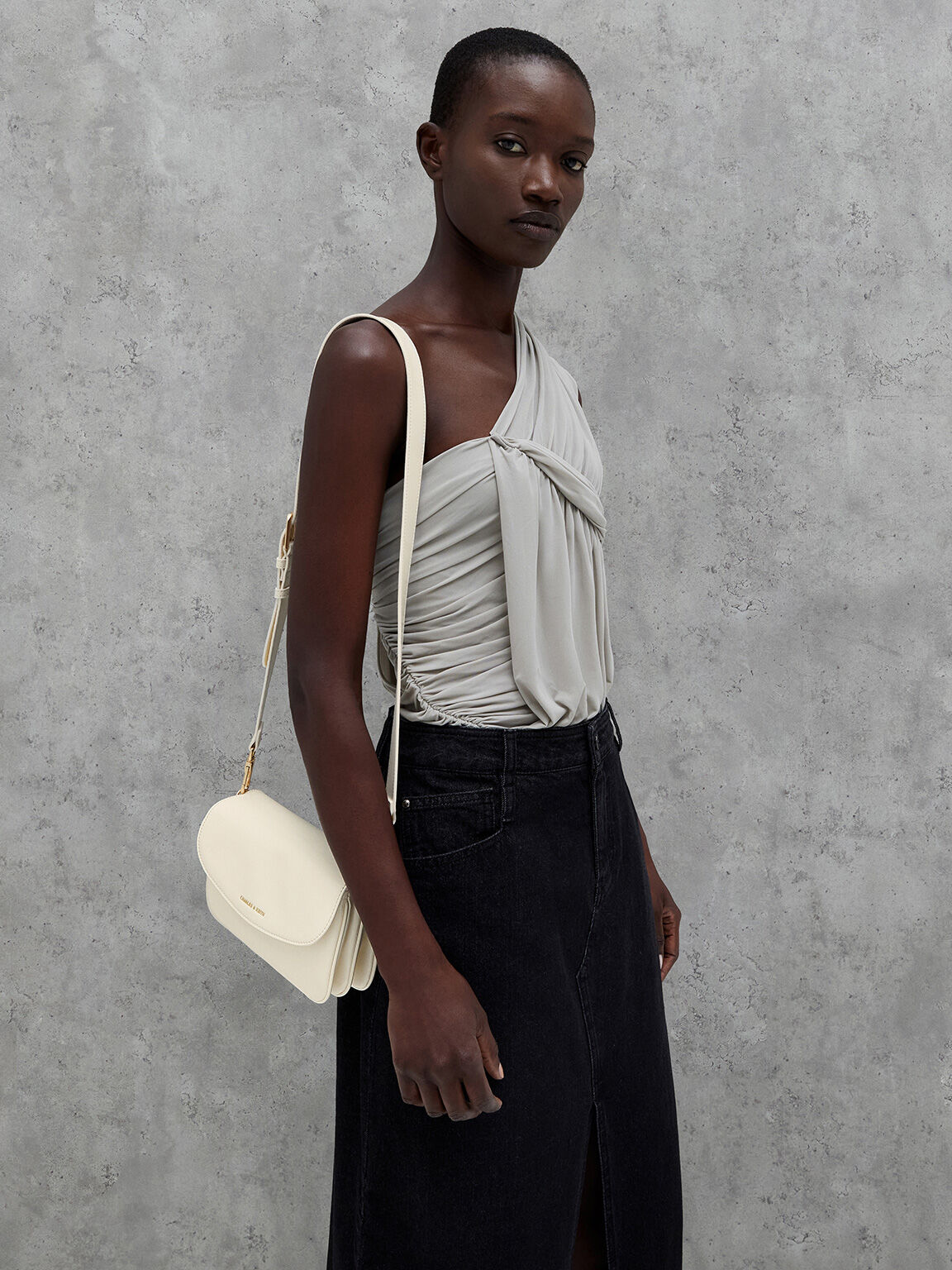 Caia カイア メタリックフロントフラップショルダーバッグ, クリーム, hi-res