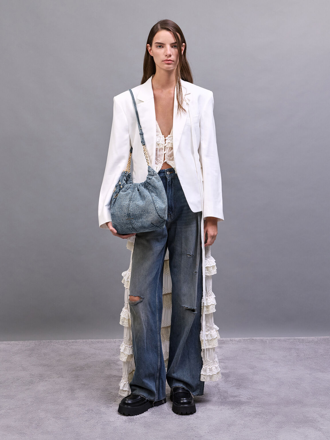 Ciara シアラ デニムルーシュドホーボーバッグ, デニムブルー, hi-res