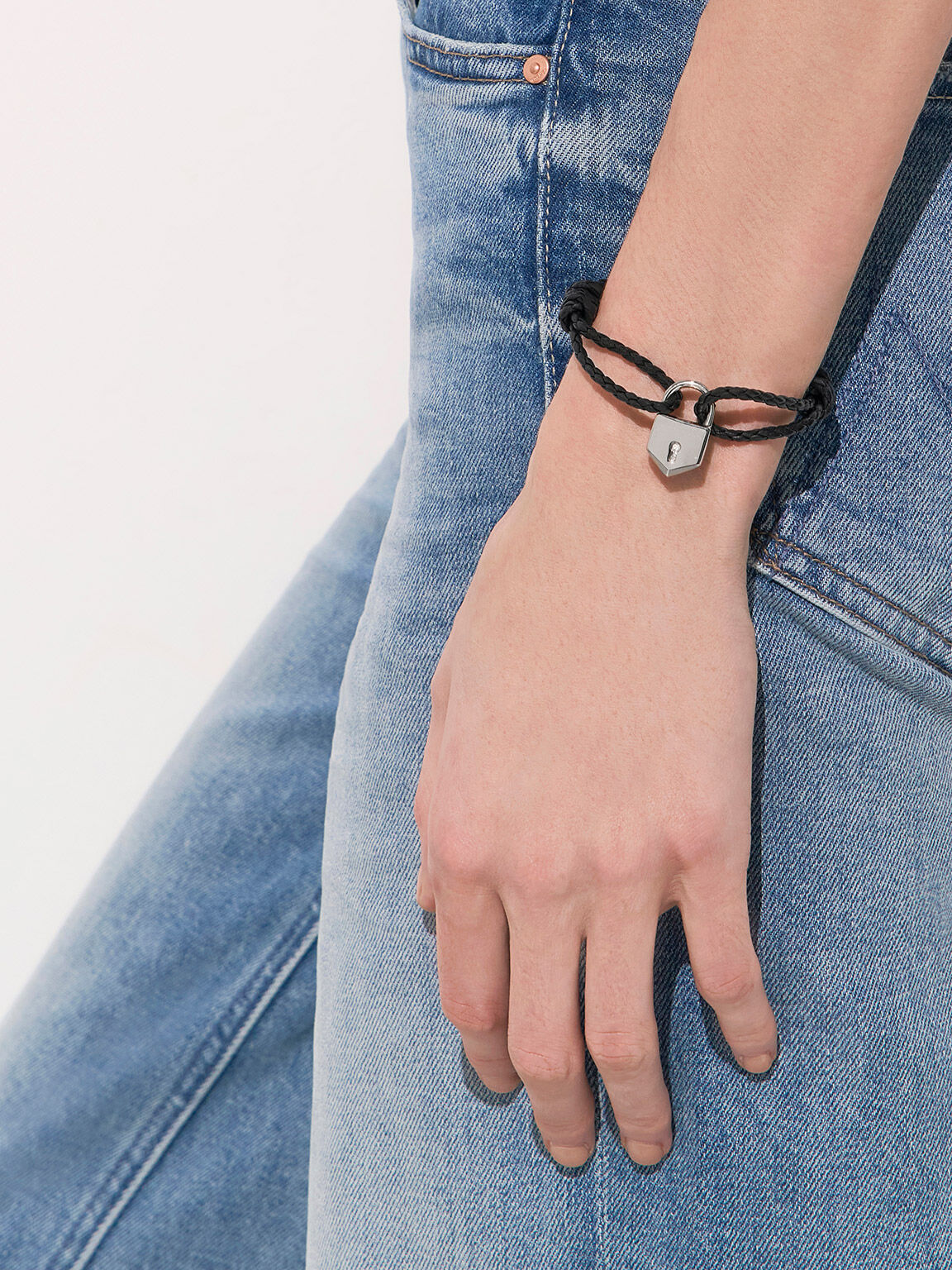 ロックモチーフ レザーブレスレット, ブラック, hi-res