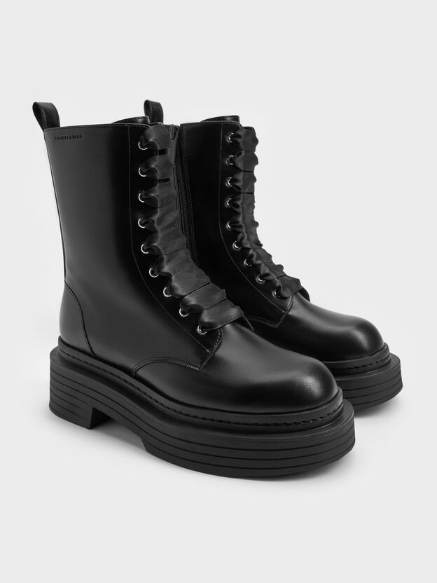 サテンレース プラットフォームコンバットブーツ, ブラック, hi-res