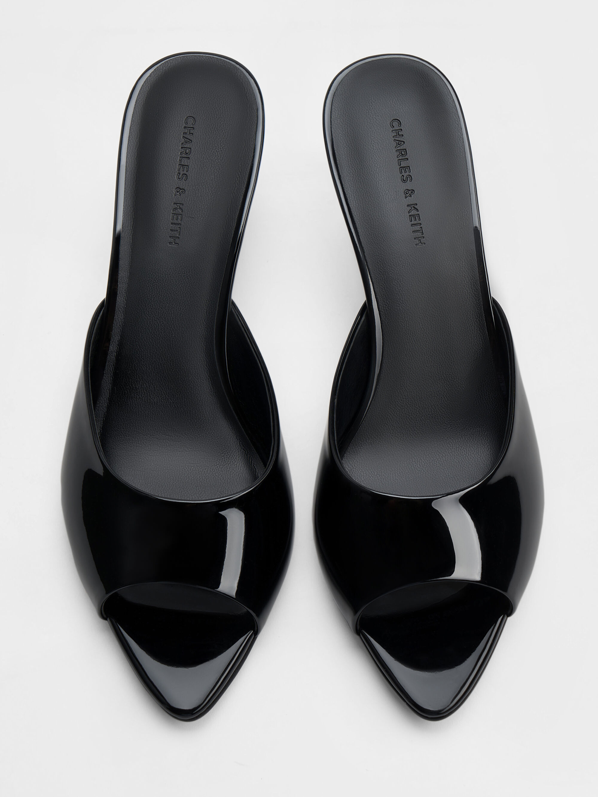 パテント ポインテッドピープトゥヒールミュール - ブラックパテント