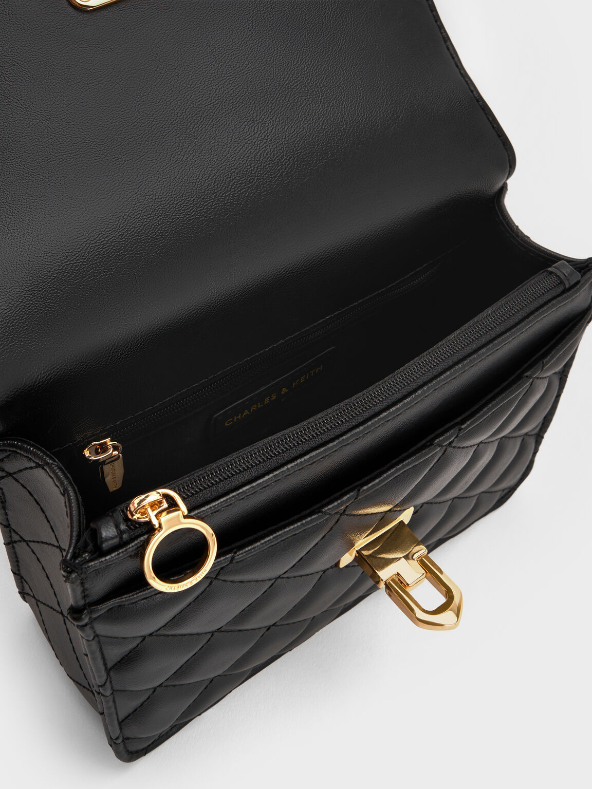 Cressida クレシダ キルトプッシュロックトップハンドルバッグ, ブラック, hi-res