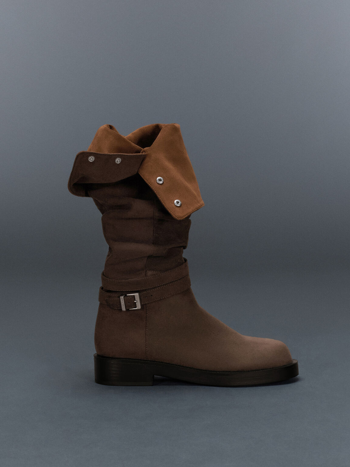 Ellis エリス ルーチドバックル フォールドオーバー サイハイブーツ, ダークブラウンテクスチャー, hi-res