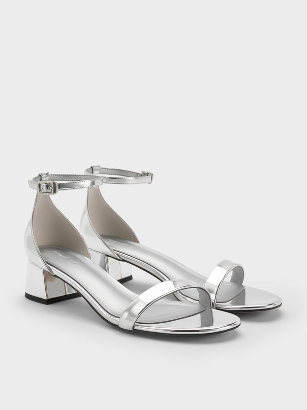 ローブロックヒール アンクルストラップサンダル, シルバー, hi-res