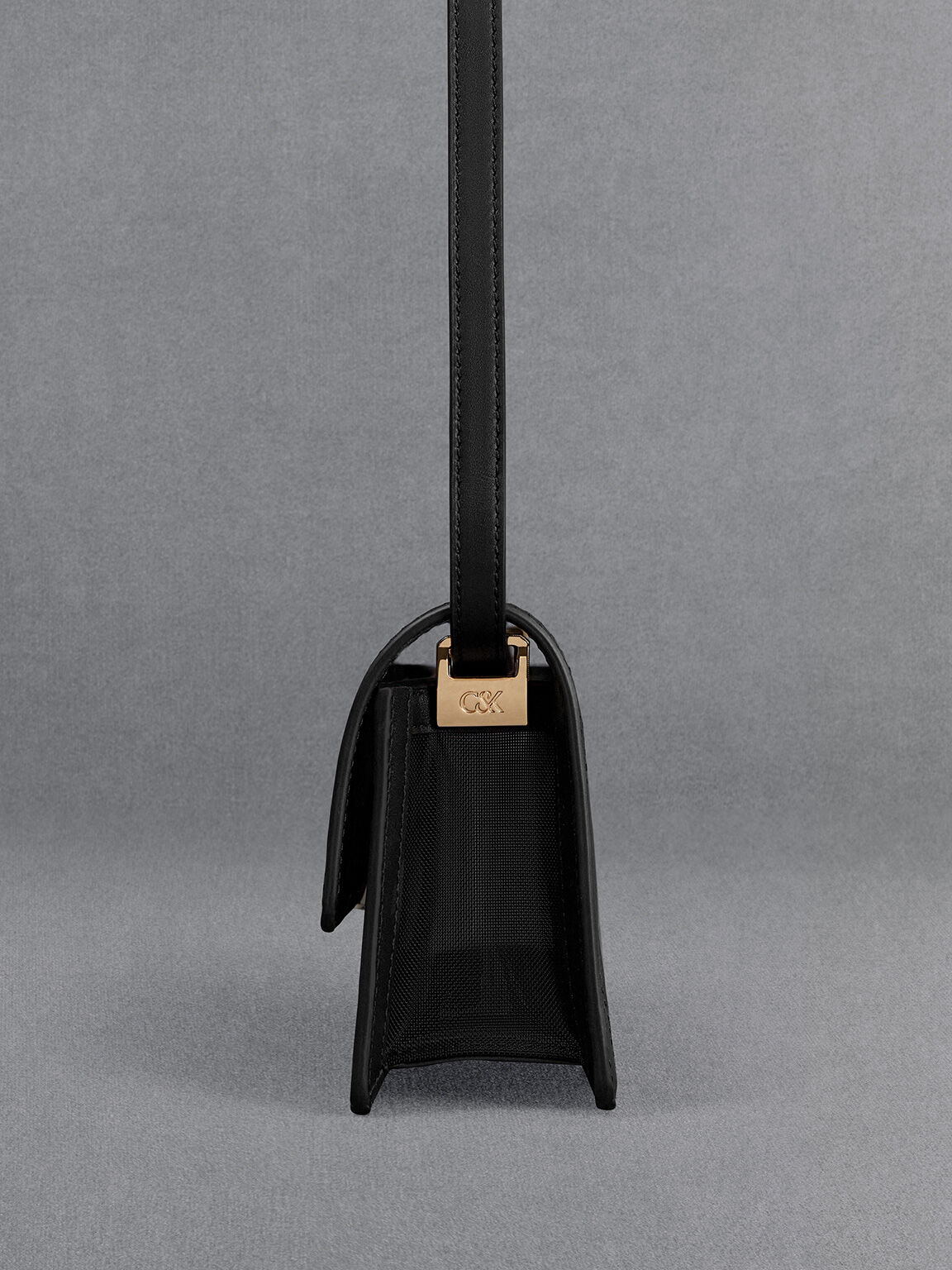 メッシュ&レザー モノグラムショルダーバッグ, ブラック, hi-res