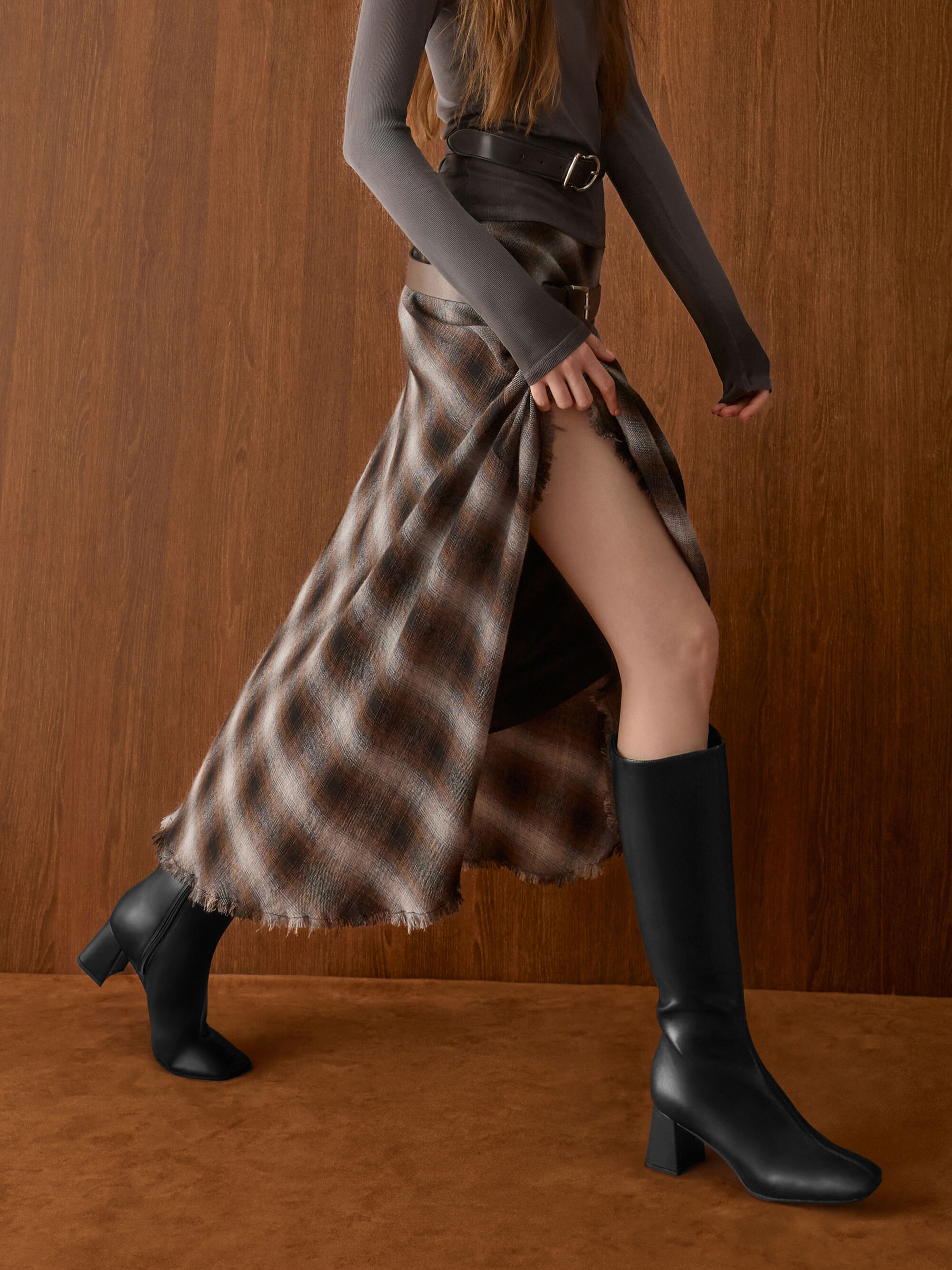 スクエアトゥ サイドジップニーハイブーツ - ブラック | CHARLES