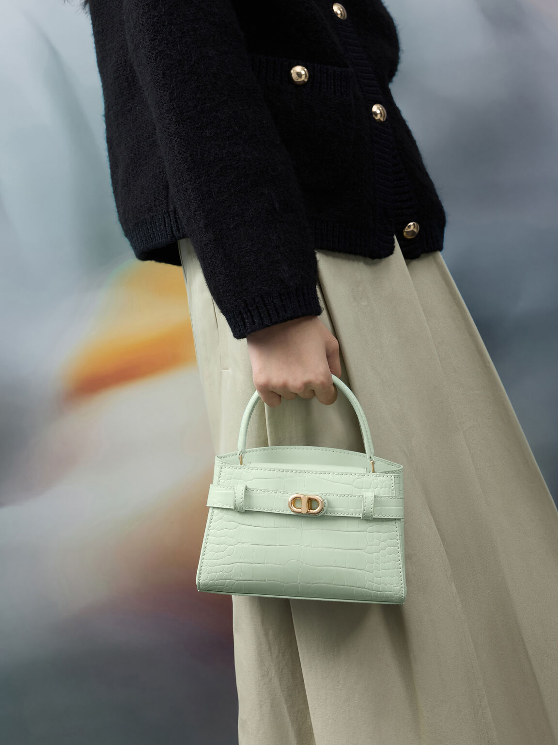 Aubrielle オブリエル クロックエフェクトトップハンドルバッグ, ミントグリーン, hi-res