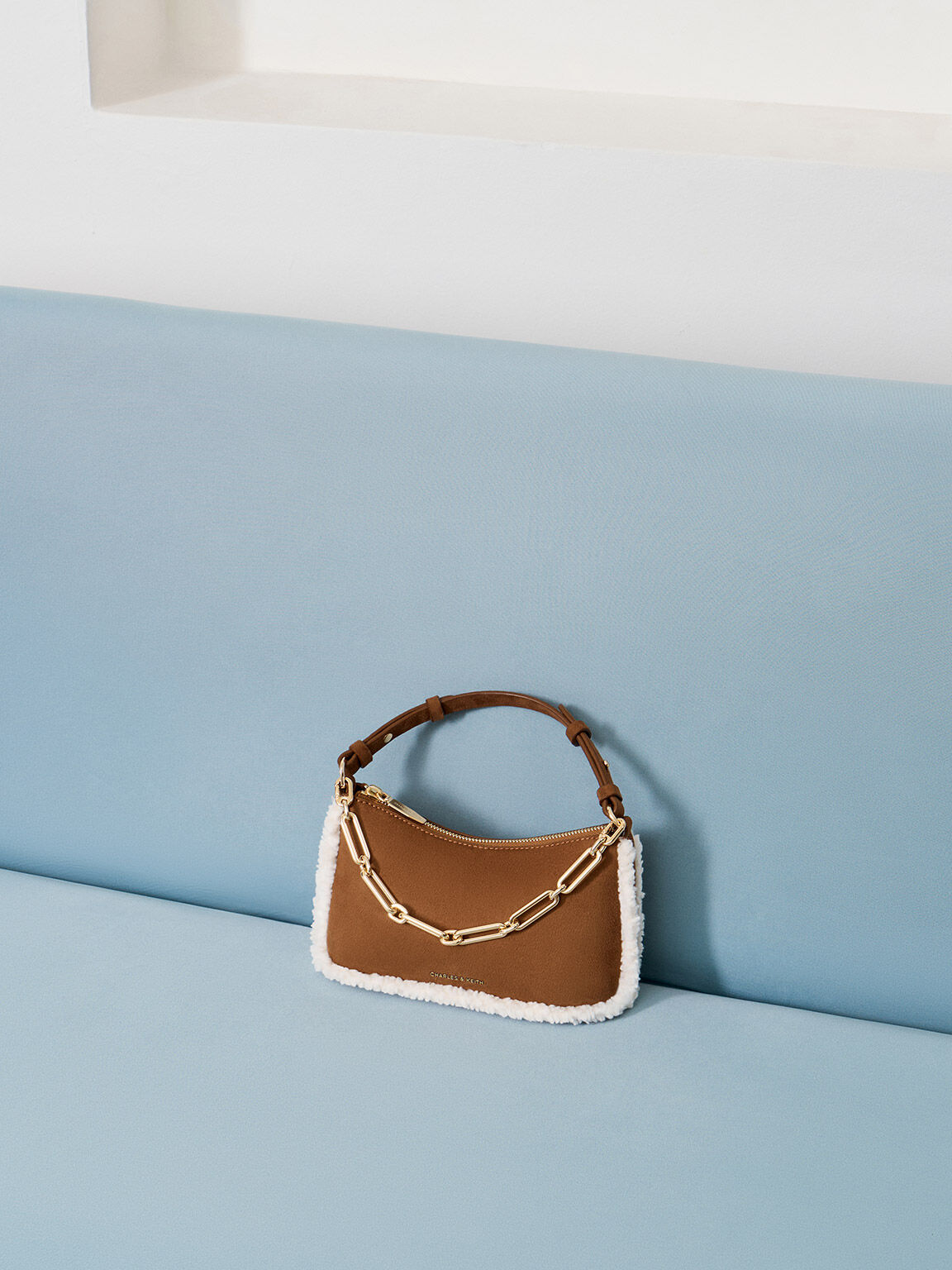 Robyn ロビン テクスチャーフートリムチェーンハンドルバッグ, ブラウン, hi-res