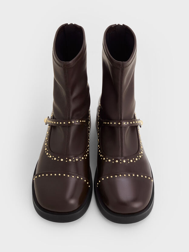 スタッズ アンクルブーツ, ダークブラウン, hi-res