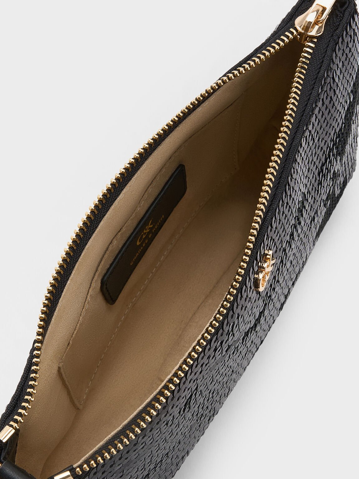 レザー&メッシュ スパンコールショルダーバッグ, ブラック, hi-res