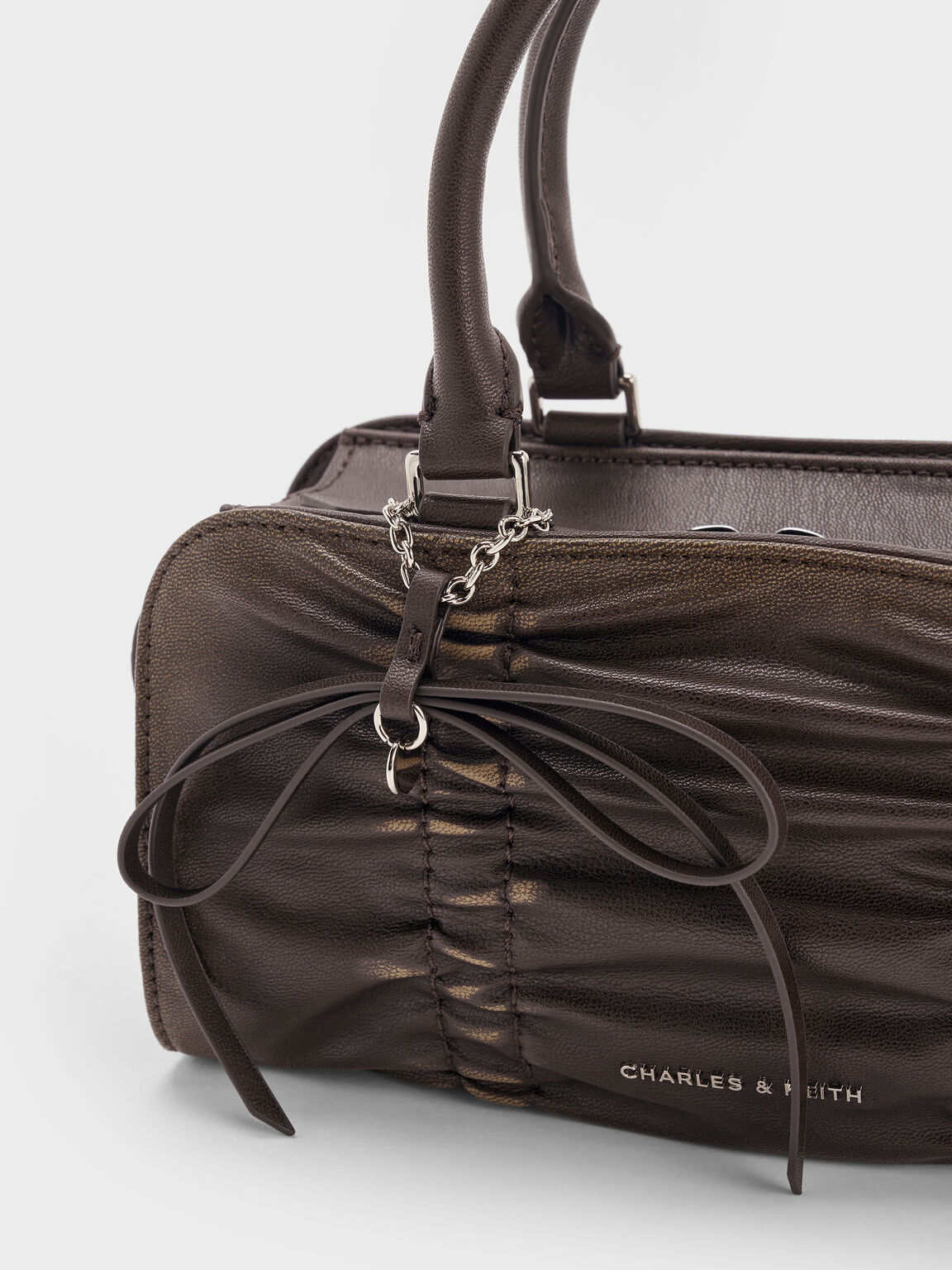 Kadee ケーディー メタリックルーシュドボウチャームボウリングバッグ, バーニシュトブラウン, hi-res