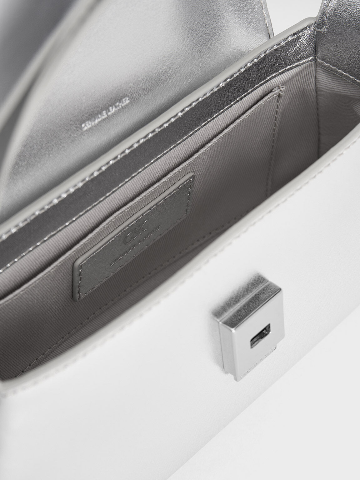 レザー メタリックボウトップハンドルバッグ, シルバー, hi-res